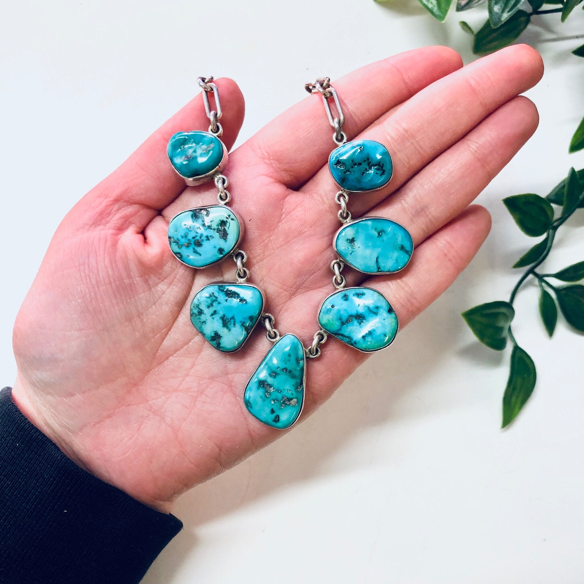 Vintage Necklace, Bib Necklace, Statement Jewelry, Turquoise Necklace, Link Necklace, Blue and Silver, Vintage Jewelry, 925 Necklace, Blue