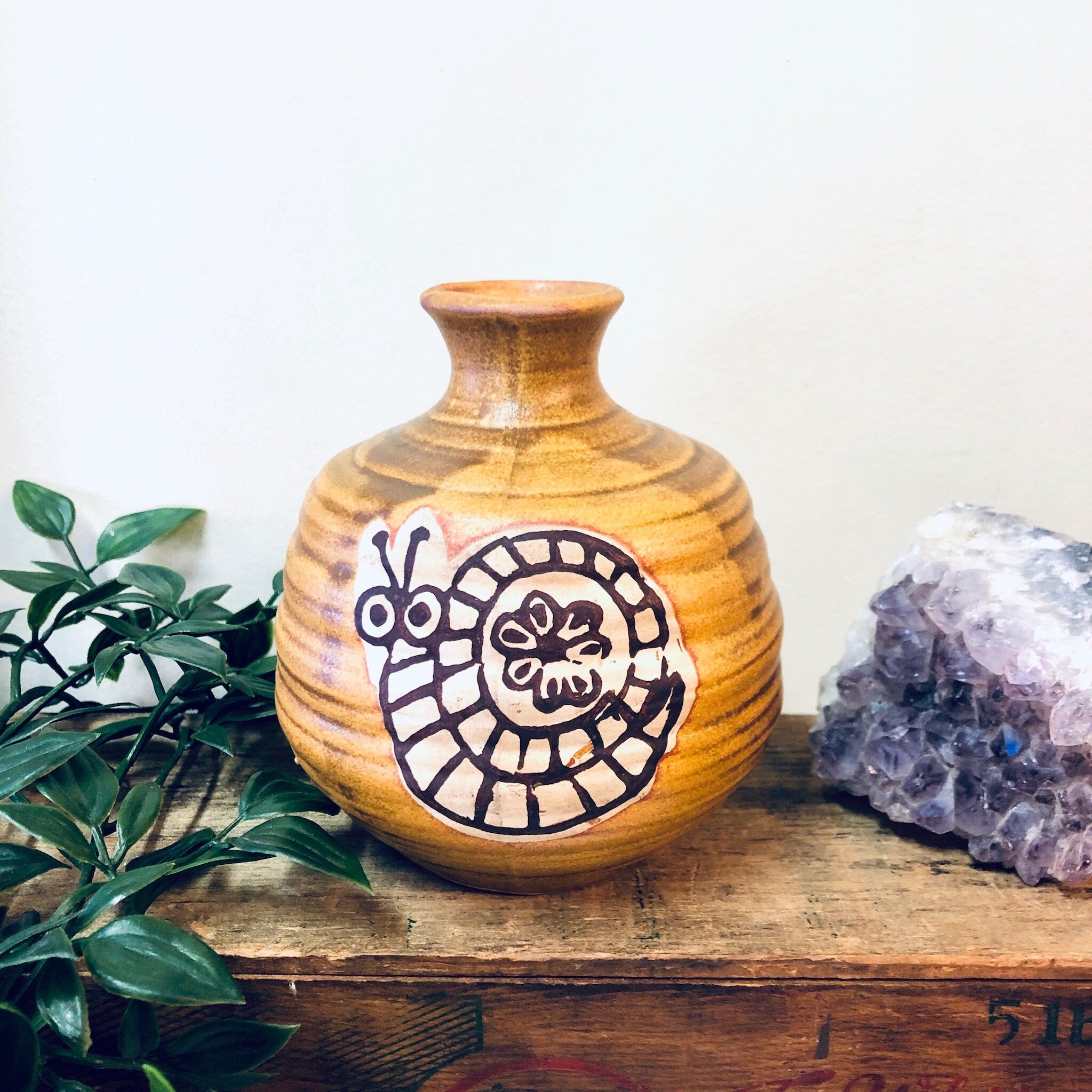 Vintage Vase, Small Vase, Snail Vase, Orange Pottery, Animal Pottery, Vintage Home Decor, Unique Decor, Round Vase, Ridged Vase, Flower