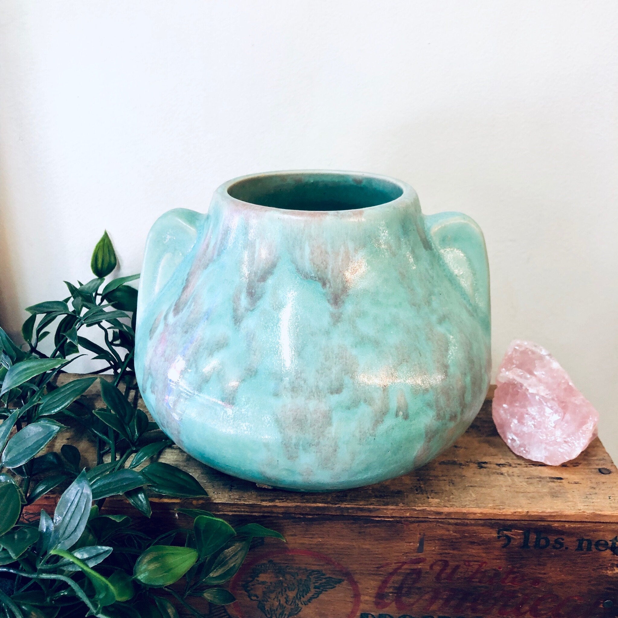 Vintage Vase, Green Vase, Vintage Home Decor, Plant Pot, Green Planter, Ceramic Planter, Light Green, Red Accents, Earth Tones, Small Plant