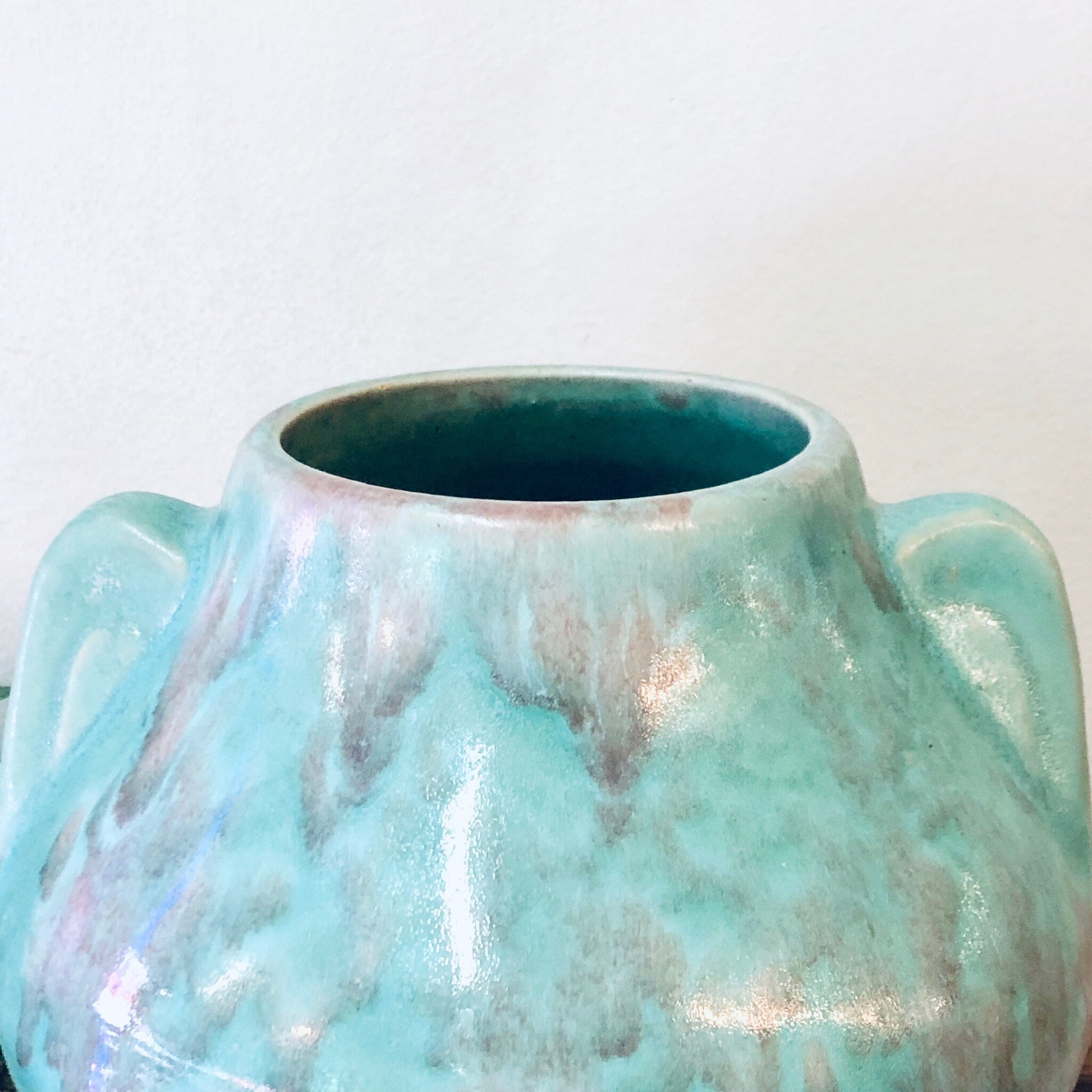 Vintage Vase, Green Vase, Vintage Home Decor, Plant Pot, Green Planter, Ceramic Planter, Light Green, Red Accents, Earth Tones, Small Plant