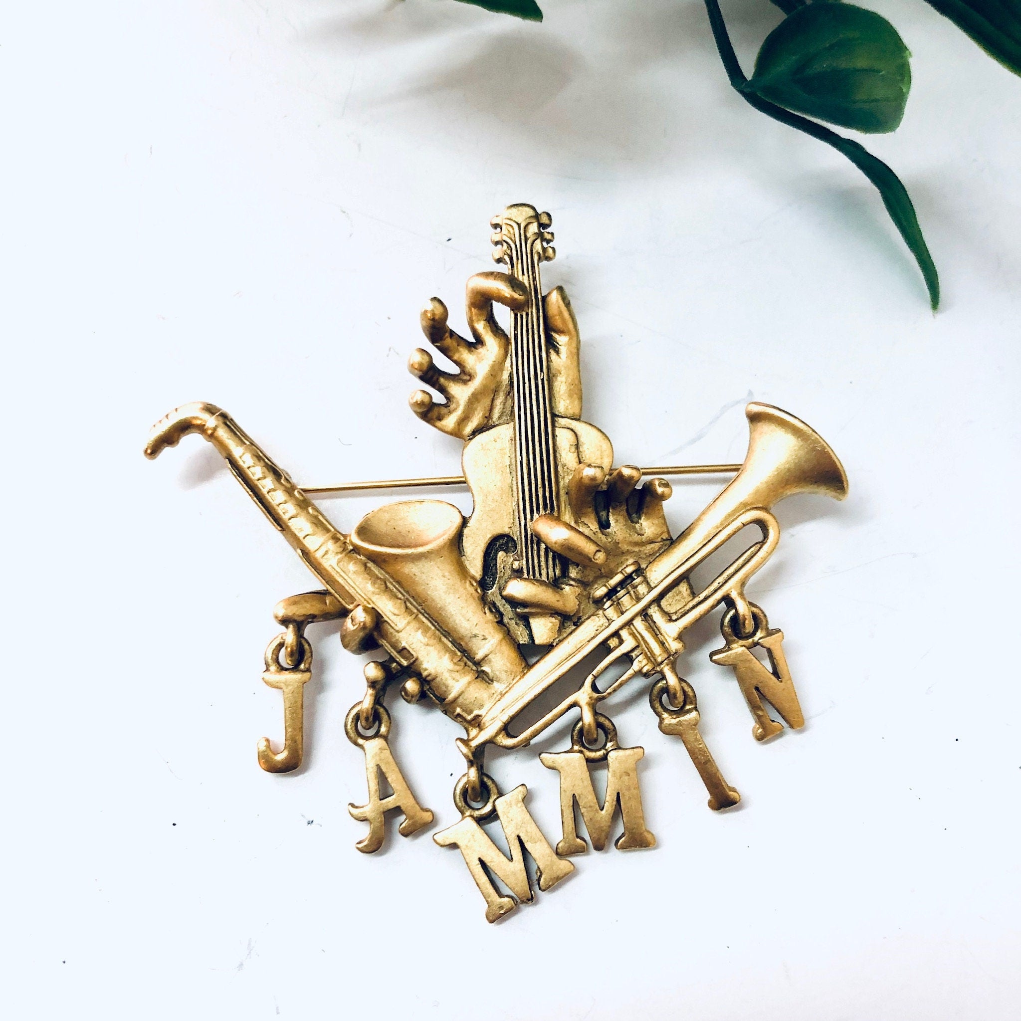Vintage Brooch, Gold Toned Pin, Jammin Brooch, Musical Pin, Costume Jewelry, Statement Jewelry, Saxophone Pin, Unique Brooch, Rare Pin