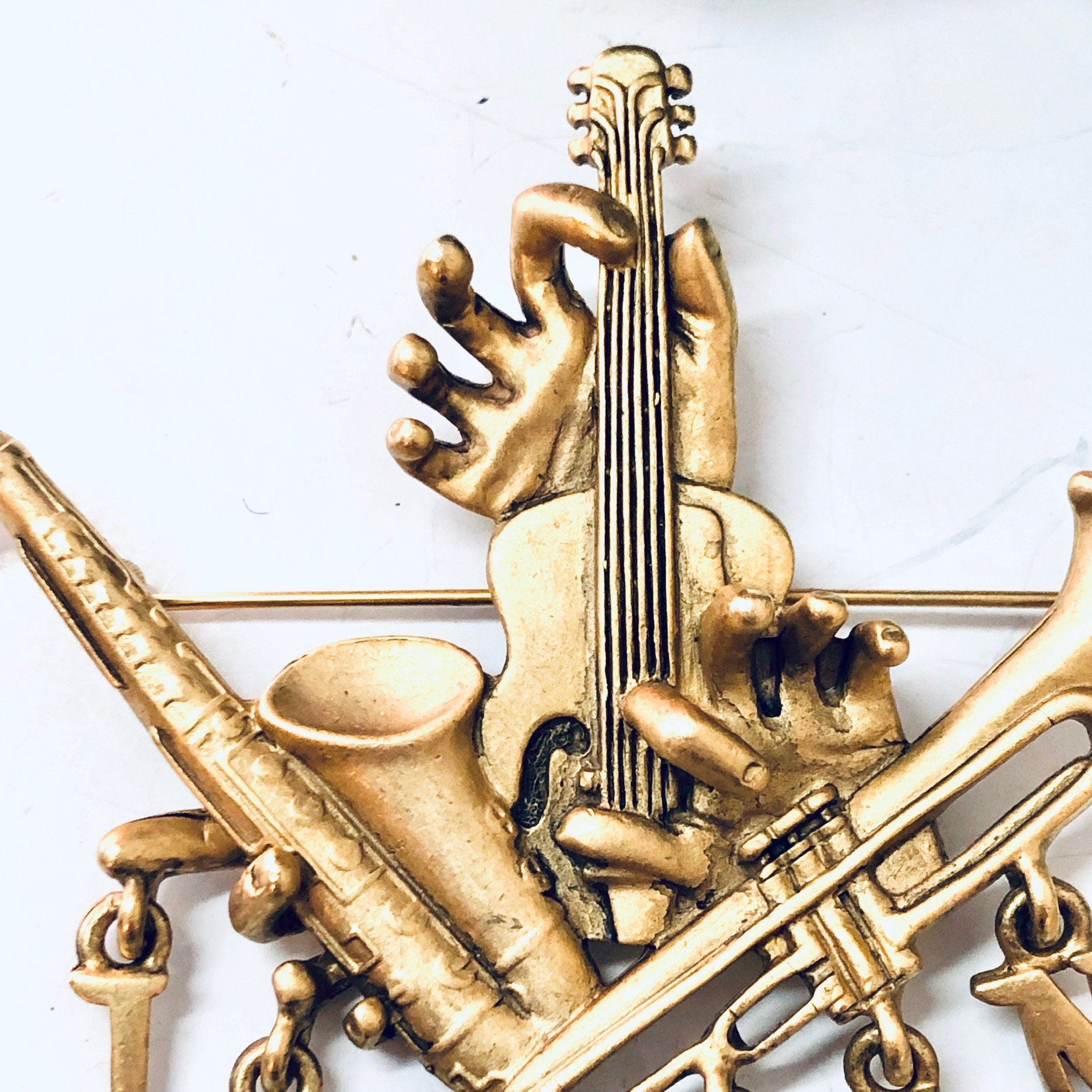 Vintage Brooch, Gold Toned Pin, Jammin Brooch, Musical Pin, Costume Jewelry, Statement Jewelry, Saxophone Pin, Unique Brooch, Rare Pin