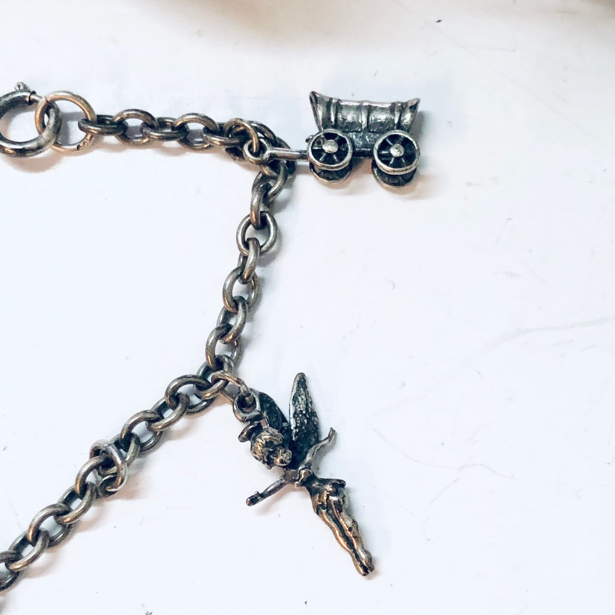 Vintage Bracelet, Charm Bracelet, Charm Jewelry, Silver Bracelet, Vintage Jewelry, Tinkerbell Bracelet, Wagon Charm, Religious Jewelry, 925