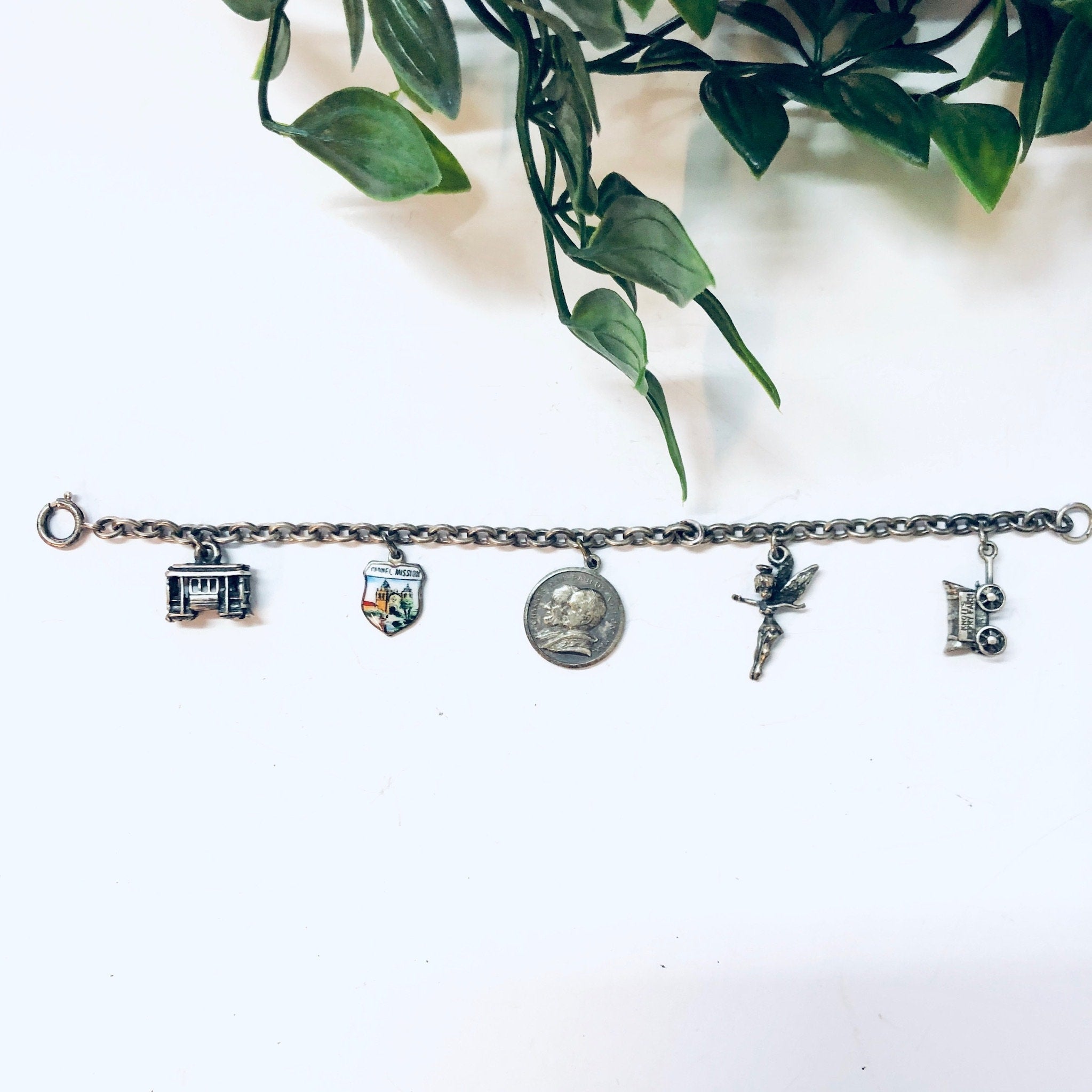 Vintage Bracelet, Charm Bracelet, Charm Jewelry, Silver Bracelet, Vintage Jewelry, Tinkerbell Bracelet, Wagon Charm, Religious Jewelry, 925