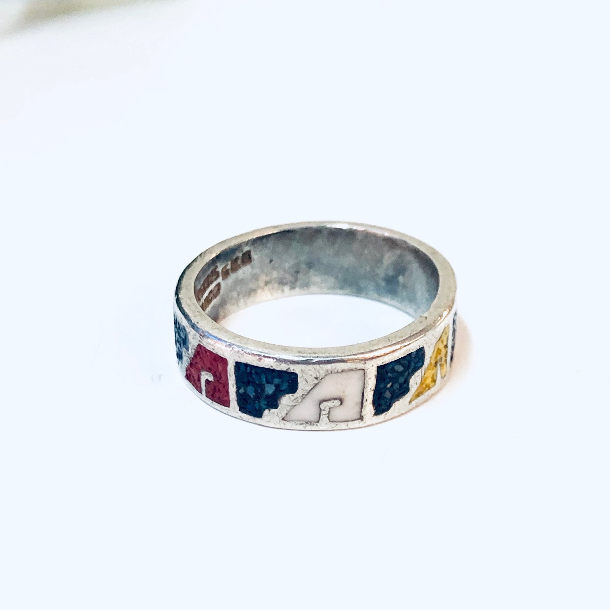 Vintage Ring, Silver Ring, Inlay Stone Ring, Turquoise, Coral, Yellow, White, Unique Jewelry, Band Ring, Thin Band, Purple, 925 Ring