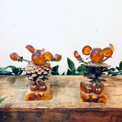 Vintage Figurines, Amber Figures, Mouse Figurines, Pine Cone Art, Brown and Orange, Unique Decor, Vintage Home Decor, Brass Accents, Baltic