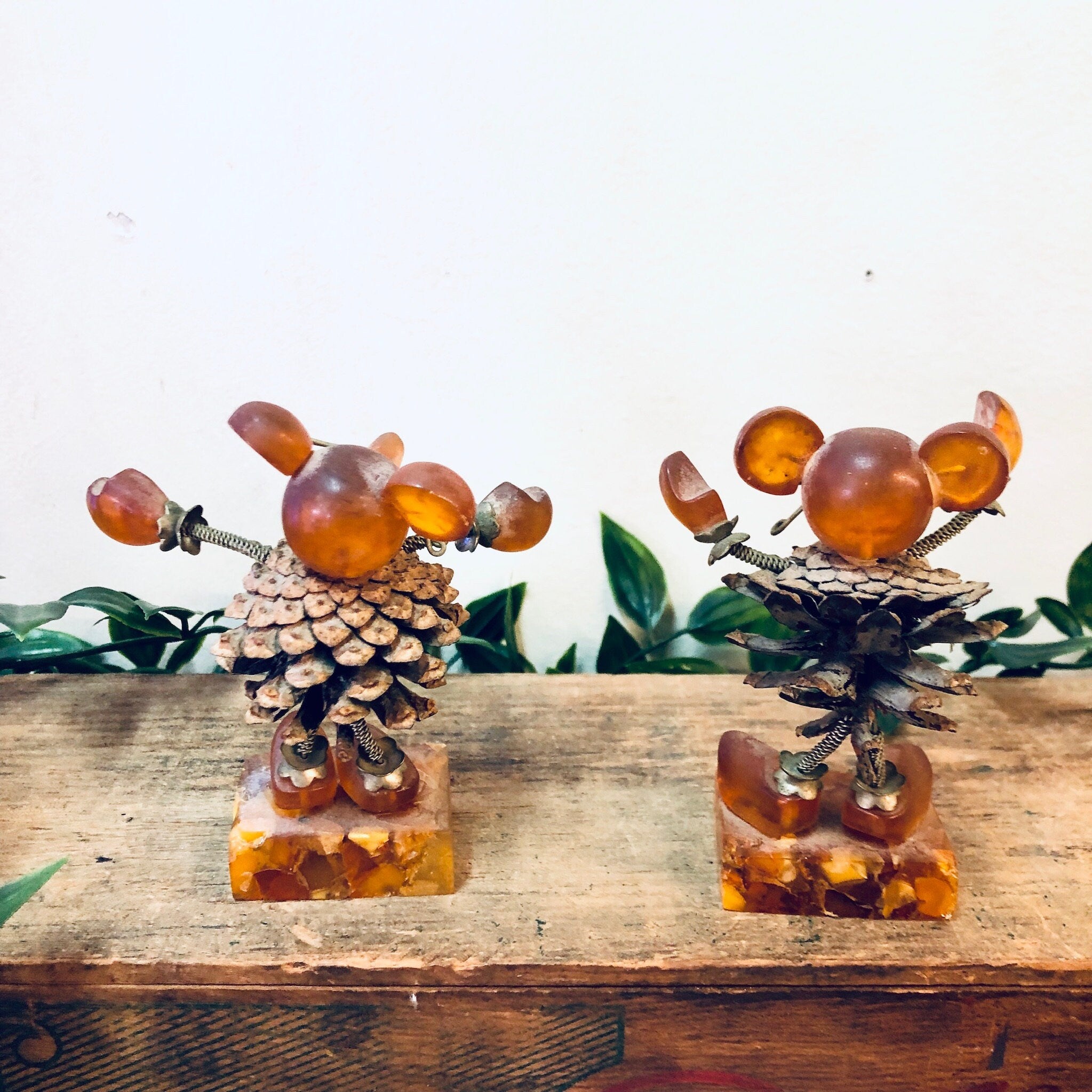 Vintage Figurines, Amber Figures, Mouse Figurines, Pine Cone Art, Brown and Orange, Unique Decor, Vintage Home Decor, Brass Accents, Baltic
