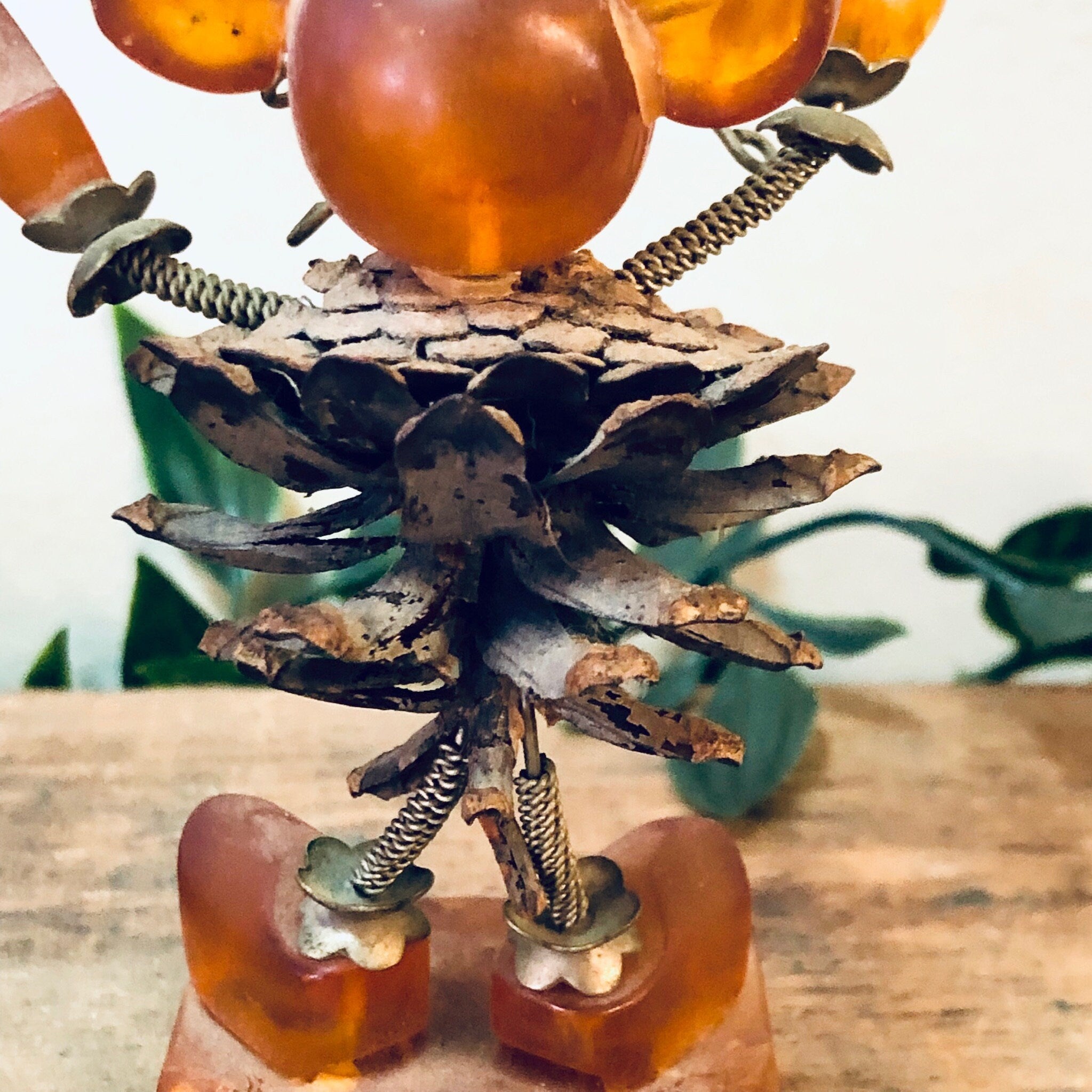 Vintage Figurines, Amber Figures, Mouse Figurines, Pine Cone Art, Brown and Orange, Unique Decor, Vintage Home Decor, Brass Accents, Baltic