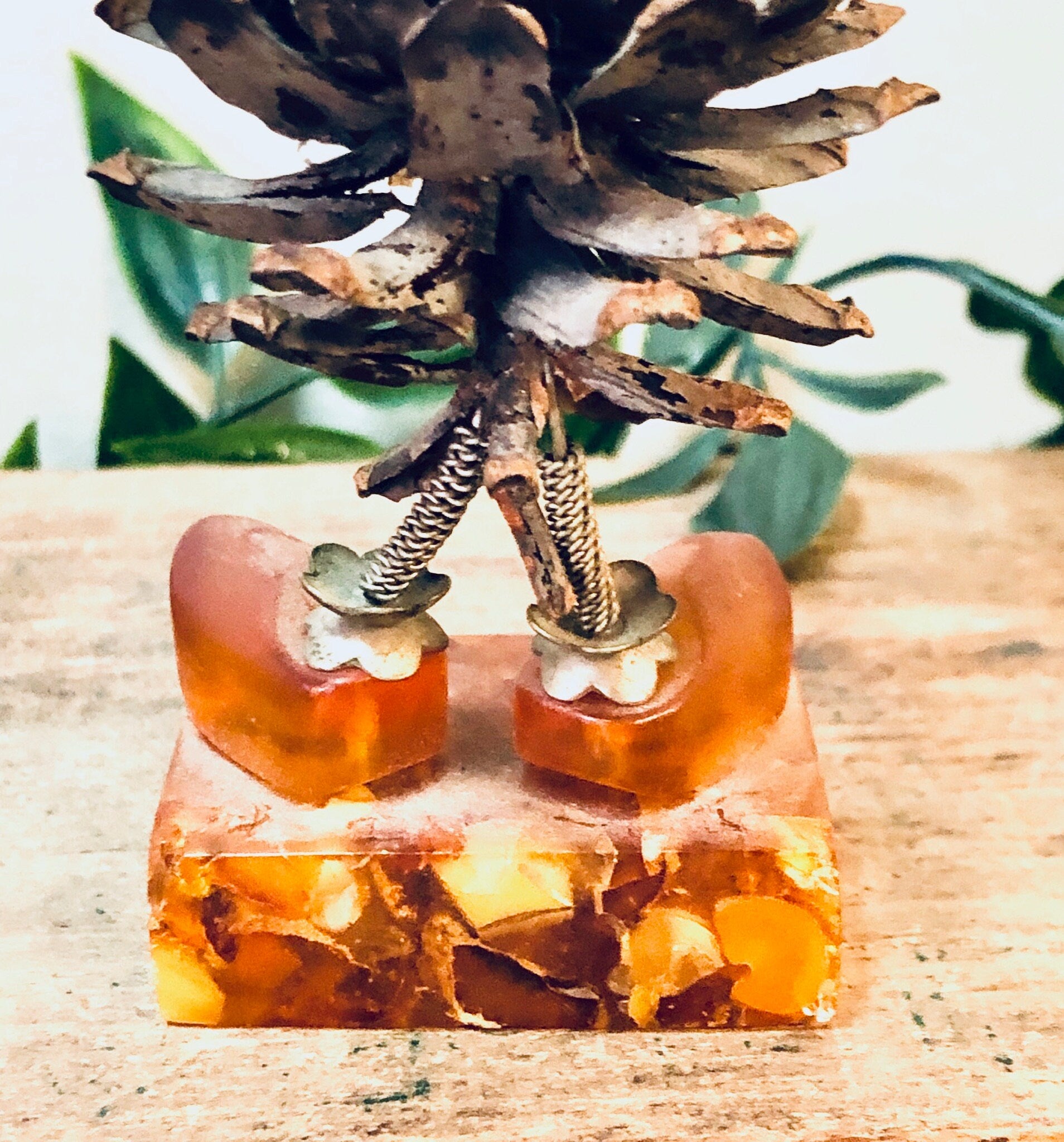 Vintage Figurines, Amber Figures, Mouse Figurines, Pine Cone Art, Brown and Orange, Unique Decor, Vintage Home Decor, Brass Accents, Baltic