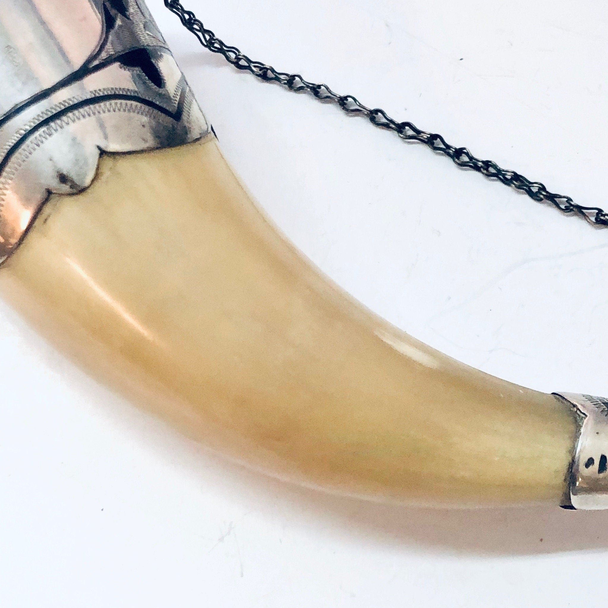 Vintage Horn, Horn Decor, Vintage Home Decor, Wall Decor, Horn Cup, Collectible, Silver Accent, Engraved Silver, Wall Hanging, Small Horn