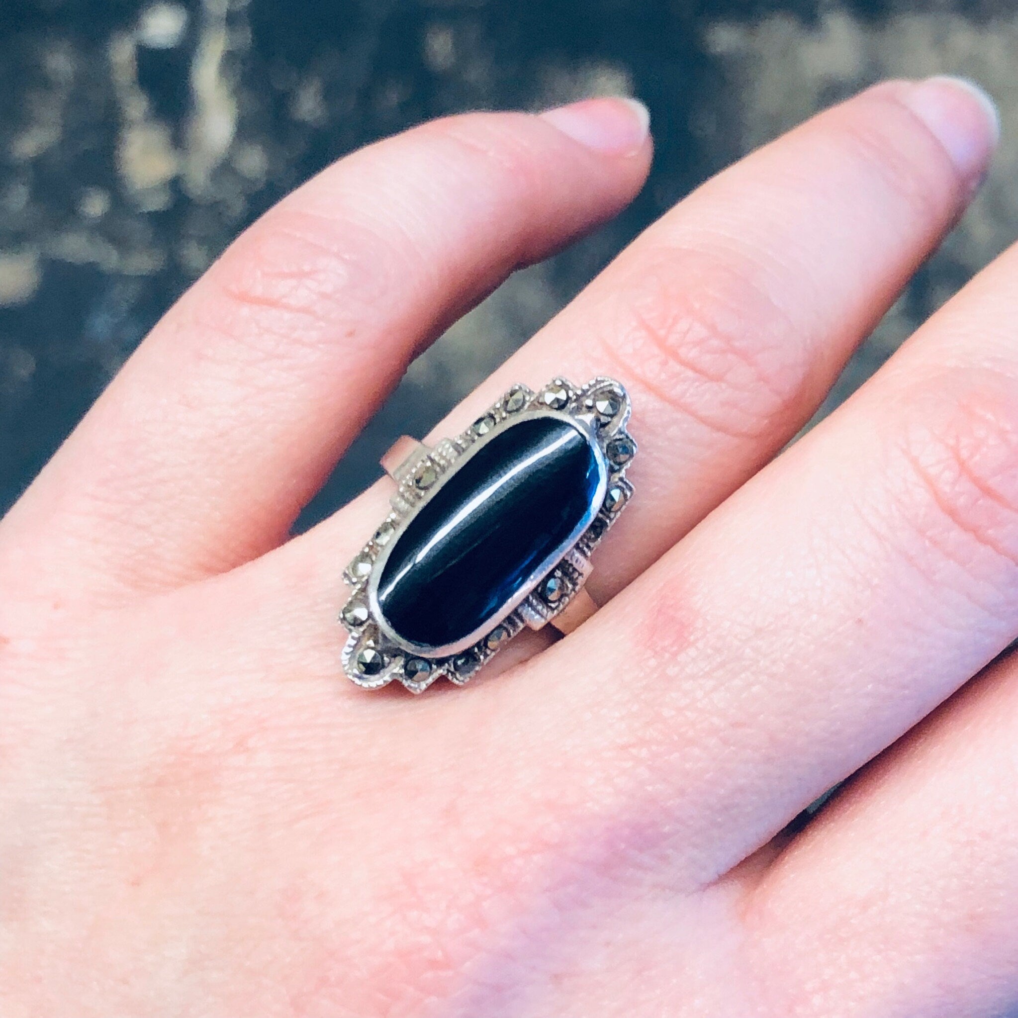 Vintage Silver Ring, Onyx Ring, Marcasite Jewelry, Vintage Jewelry, Engagement Ring, Ring for Wedding, Silver and Black, Statement Jewelry
