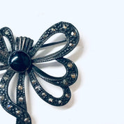 Vintage Silver Brooch, Bow Shaped Brooch, Vintage Pin, Vintage jewelry, Onyx Brooch, Marcasite Jewelry, Abstract Bow Design, Ribbon Pin, 925