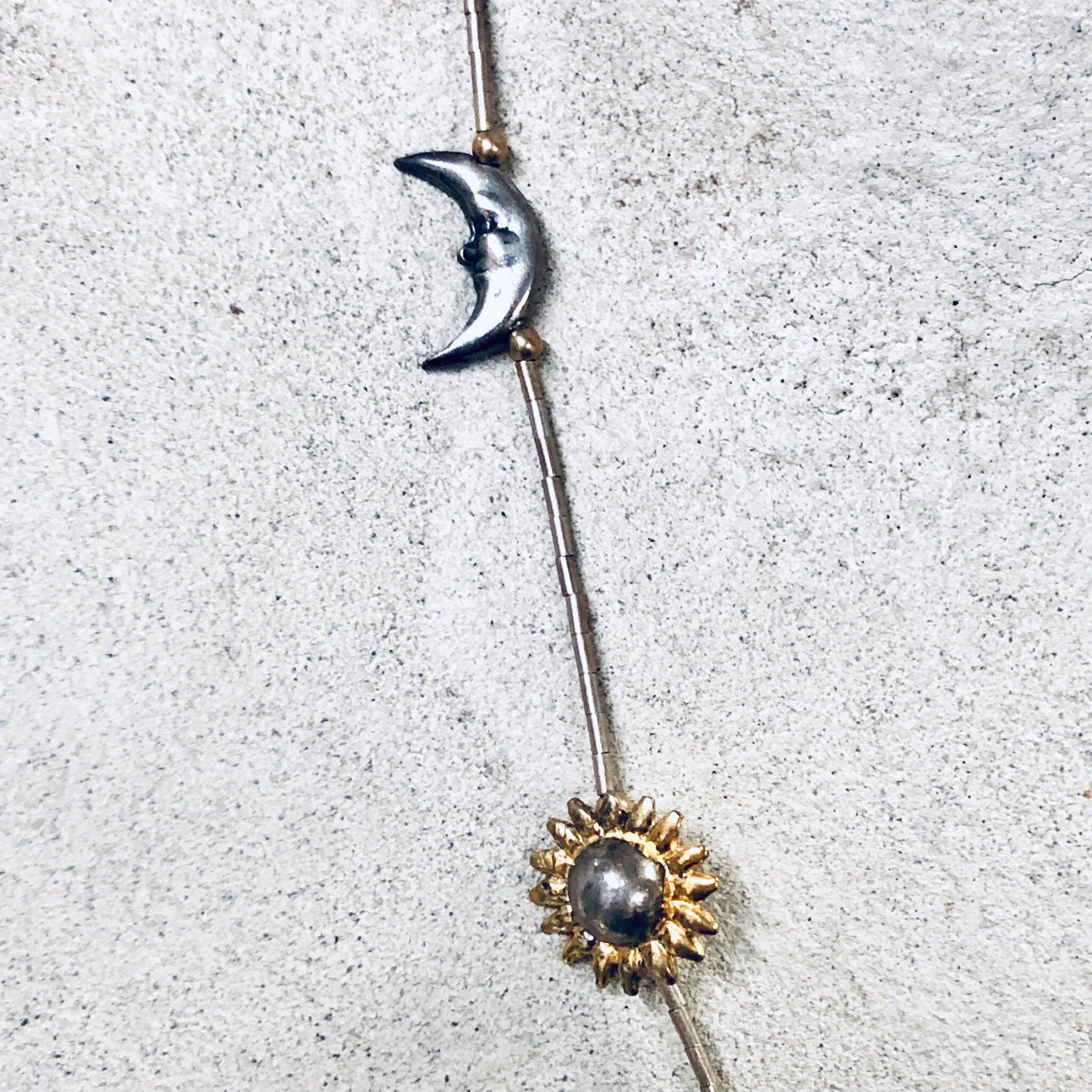 Vintage Silver Necklace, Moon Necklace, Star Necklace, Beaded Necklace, Sun Jewelry, Vintage Jewelry, Moon and Sun, Gold Accents, Thin Chain