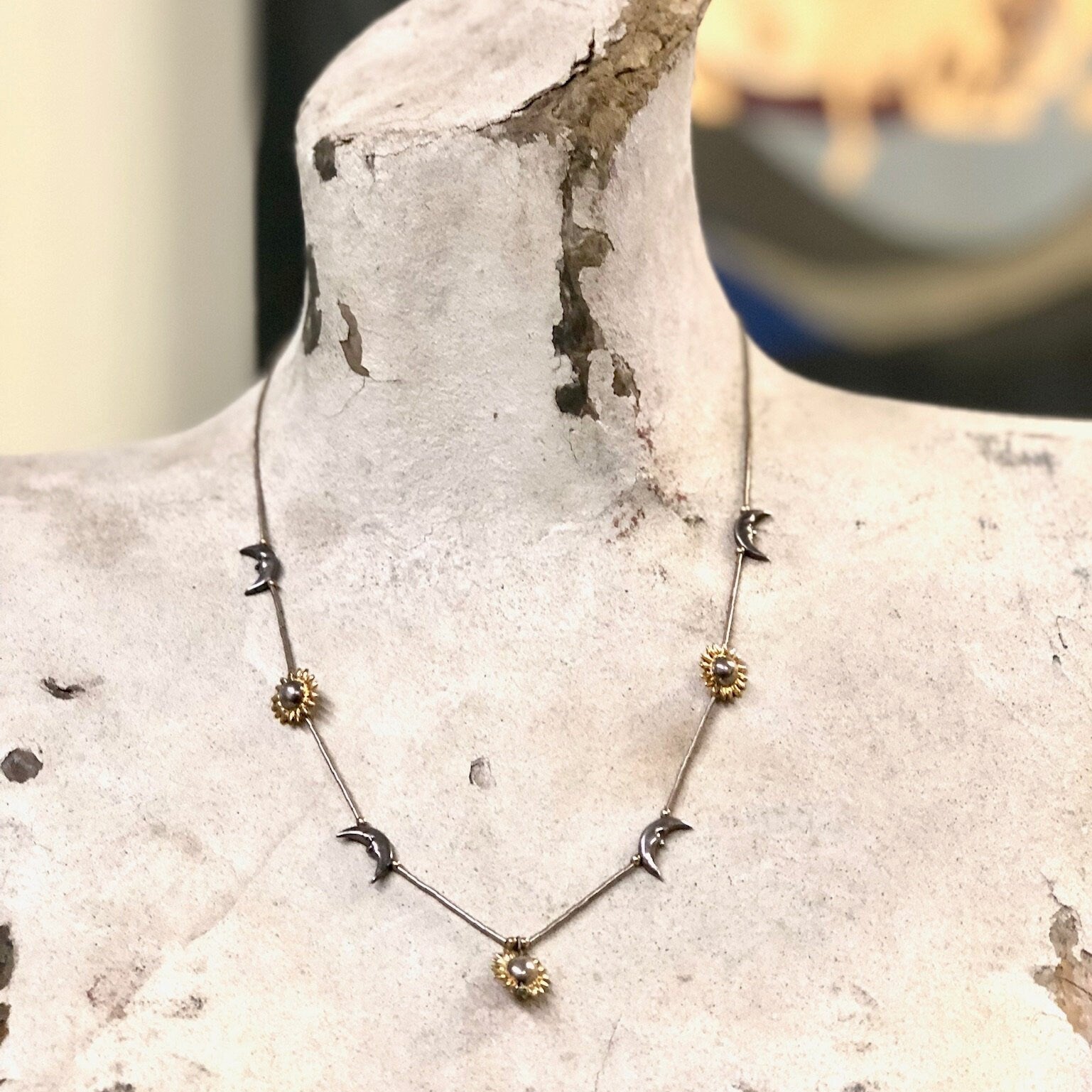 Vintage Silver Necklace, Moon Necklace, Star Necklace, Beaded Necklace, Sun Jewelry, Vintage Jewelry, Moon and Sun, Gold Accents, Thin Chain