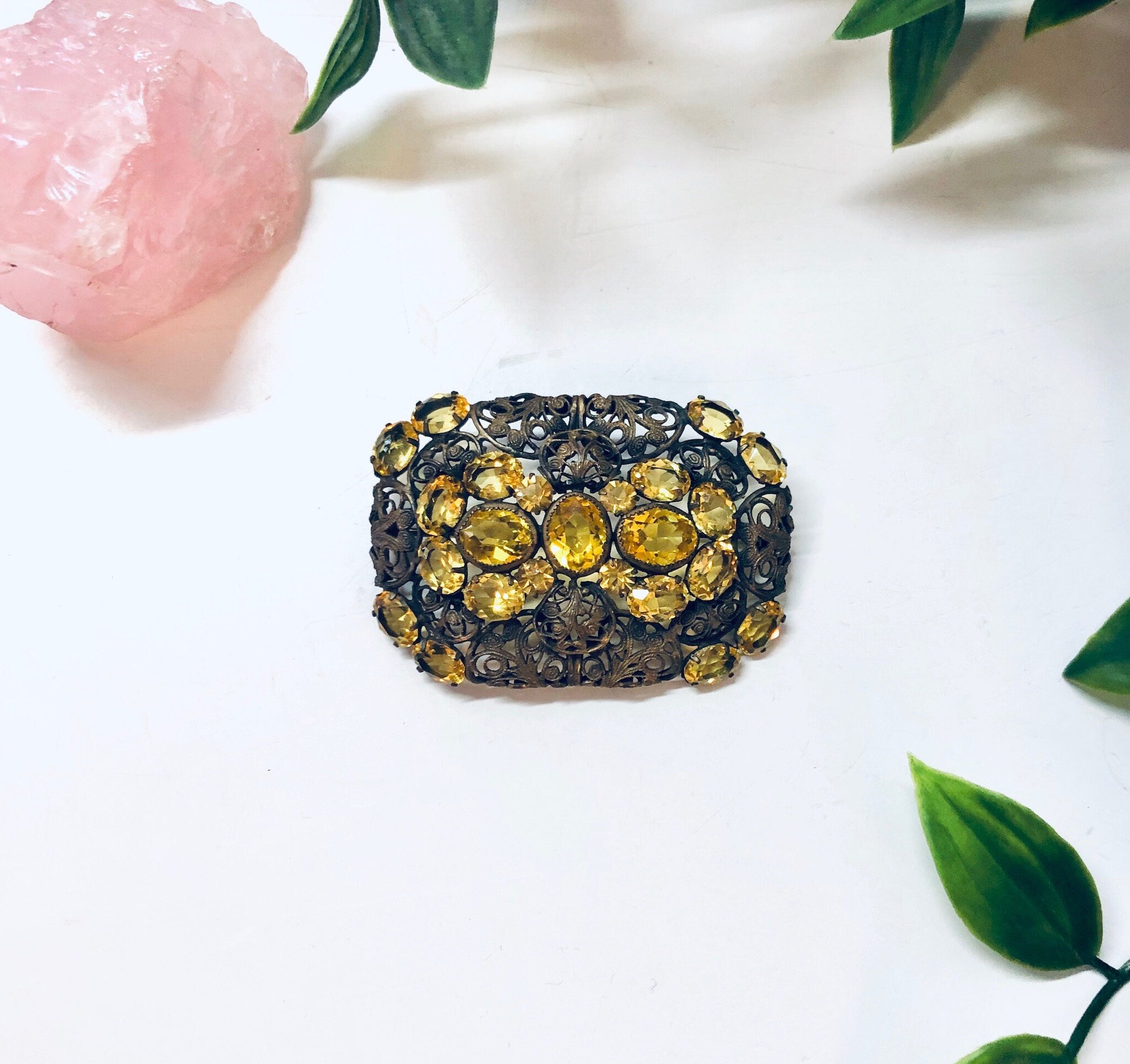 Vintage Brooch, Yellow Gemstone, Vintage Pin, Vintage Jewelry, Filagree Brooch, Statement Jewelry, Unique Jewelry, Rectangle Brooch, Gold