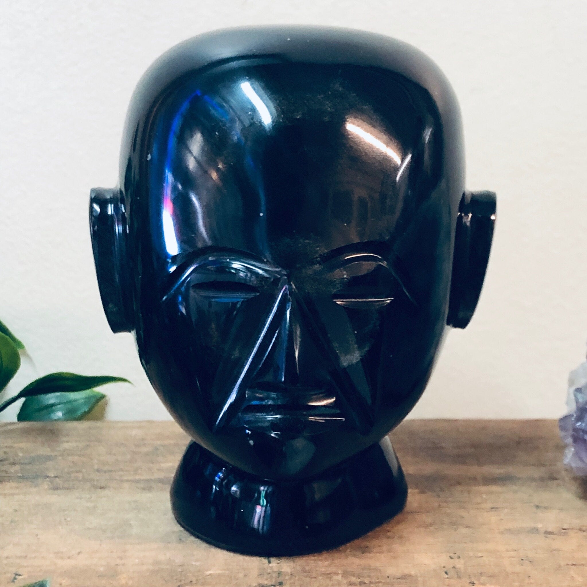 Vintage Alabaster Head, Alabaster Decor, Black Iridescent Head, Vintage Home Decor, Abstract Art, Vintage Paperweight, Office Decor, Green