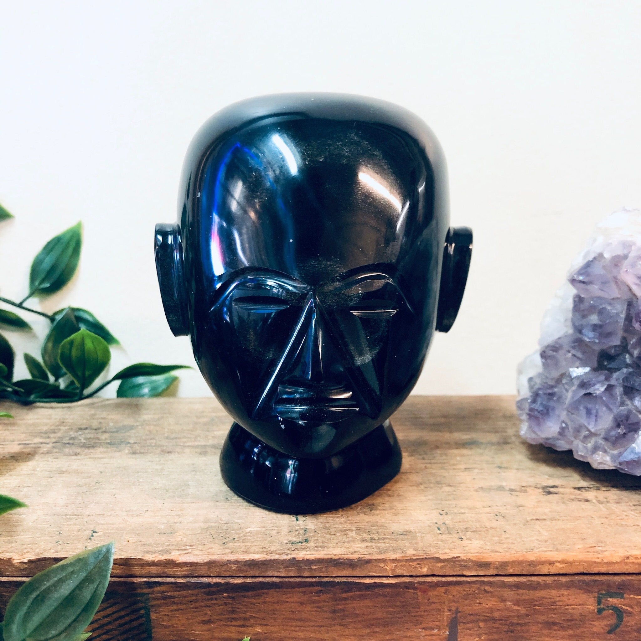 Vintage Alabaster Head, Alabaster Decor, Black Iridescent Head, Vintage Home Decor, Abstract Art, Vintage Paperweight, Office Decor, Green