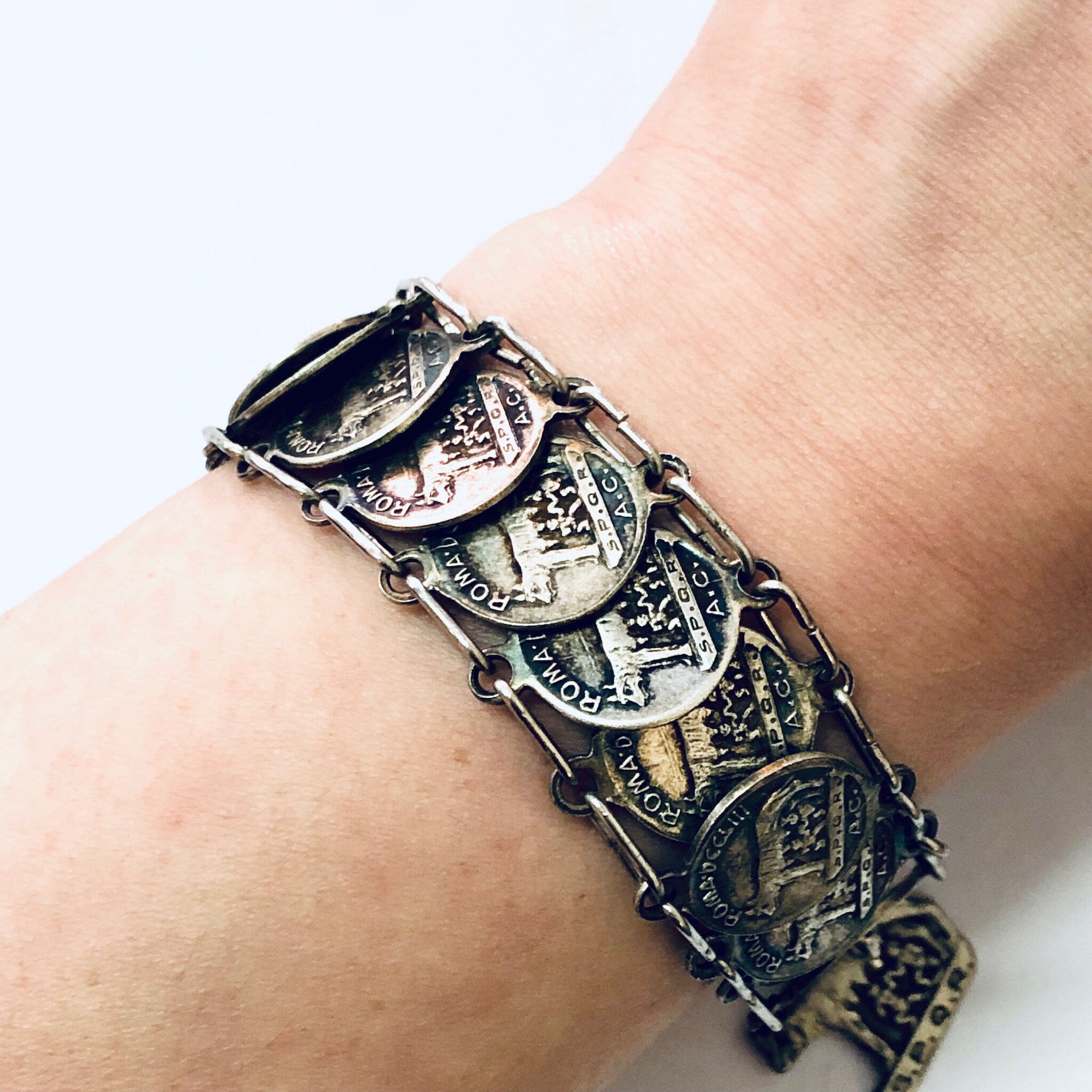 Vintage Coins, Coin Bracelet, SPQR Coins, Italy Rome Coins, Italian Souvenir, Souvenir Bracelet, Silver Coins, Coin Jewelry, Romulus, Remus