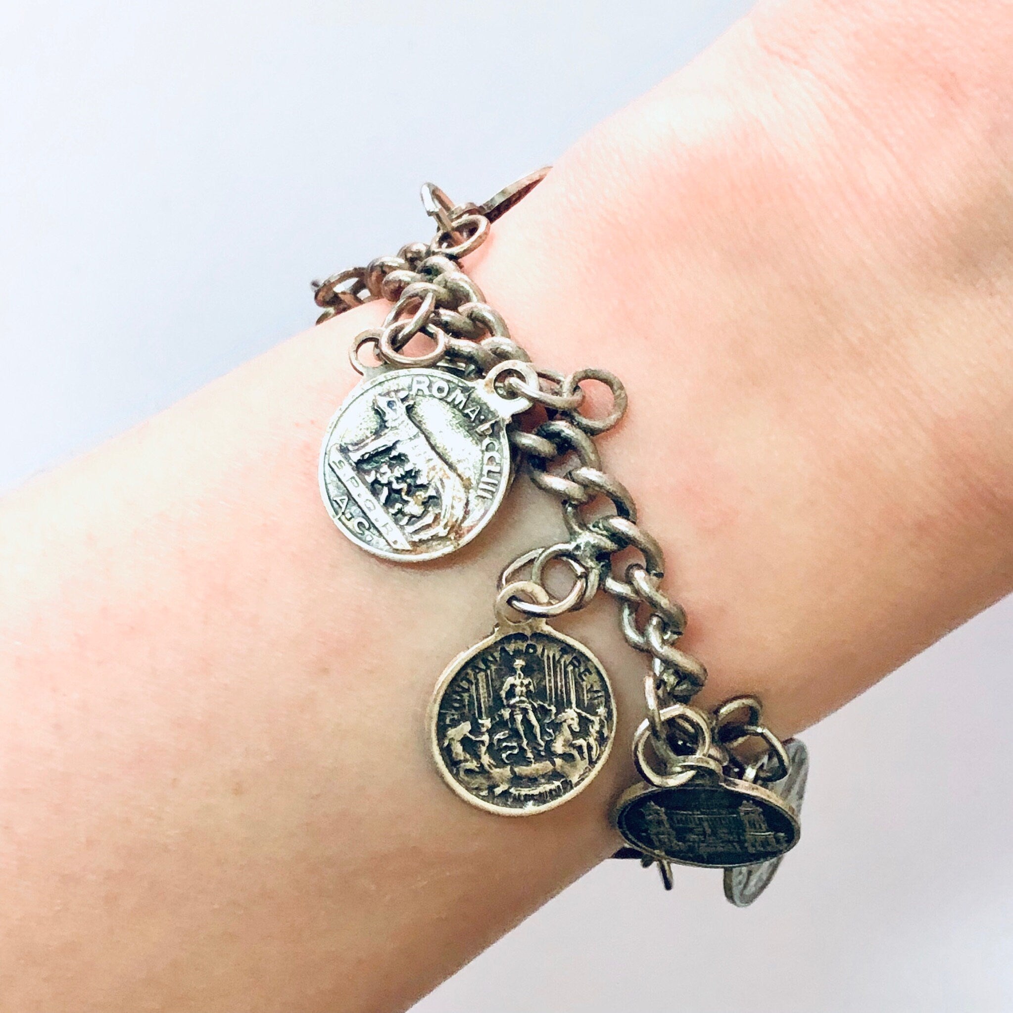 Vintage Coins, Coin Bracelet, SPQR Coins, Italy Rome Coins, Italian Souvenir, Souvenir Bracelet, Silver Coins, Coin Jewelry, Romulus, Remus