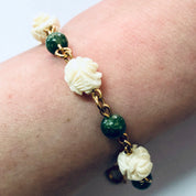 Vintage Bracelet, Floral Bracelet, Carved Flower, Flower Bracelet, Green Jewelry, Gold Toned Bracelet, Costume Jewelry, White Flower, Gold