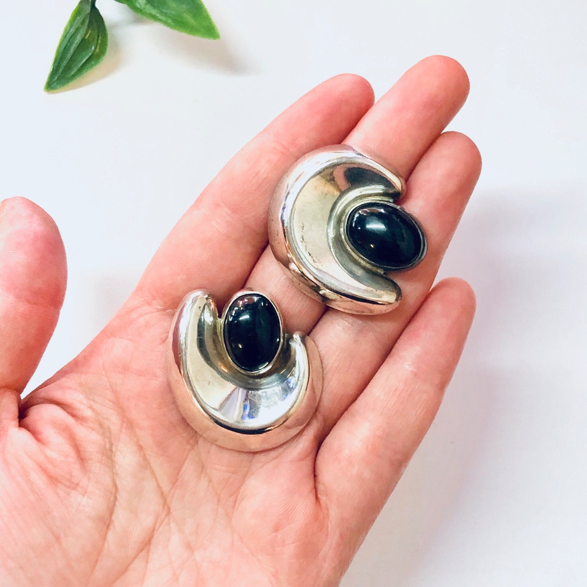 Vintage Earrings, Silver Earrings, Black Onyx, Onyx Jewelry, Vintage Jewelry, Statement Jewelry, Pierced Ears, Large Earrings, Unique Silver