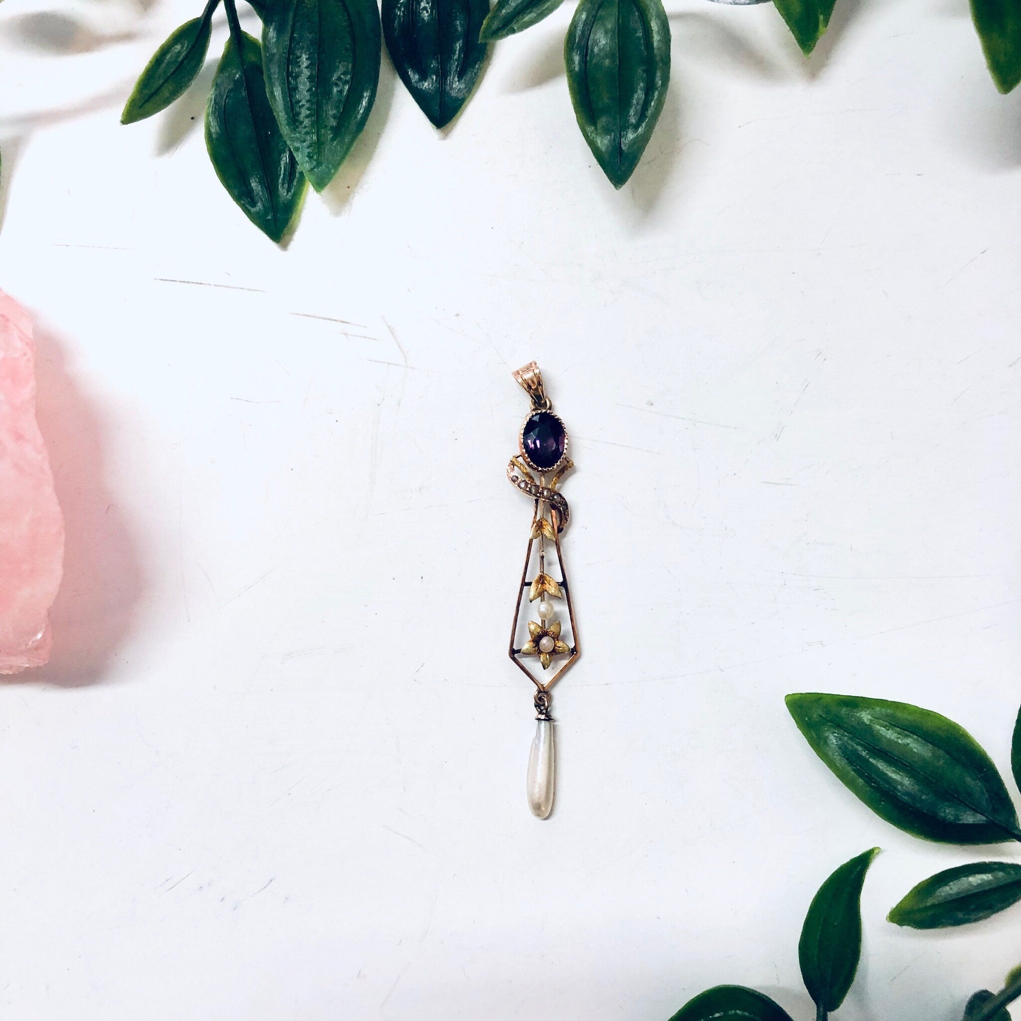 Vintage Gold Pendant, 14 Karat Yellow Gold, 14K Gold, Yellow Gold Pendant, Amethyst Stone, Pearl Jewelry, Floral Jewelry, Vintage Necklace