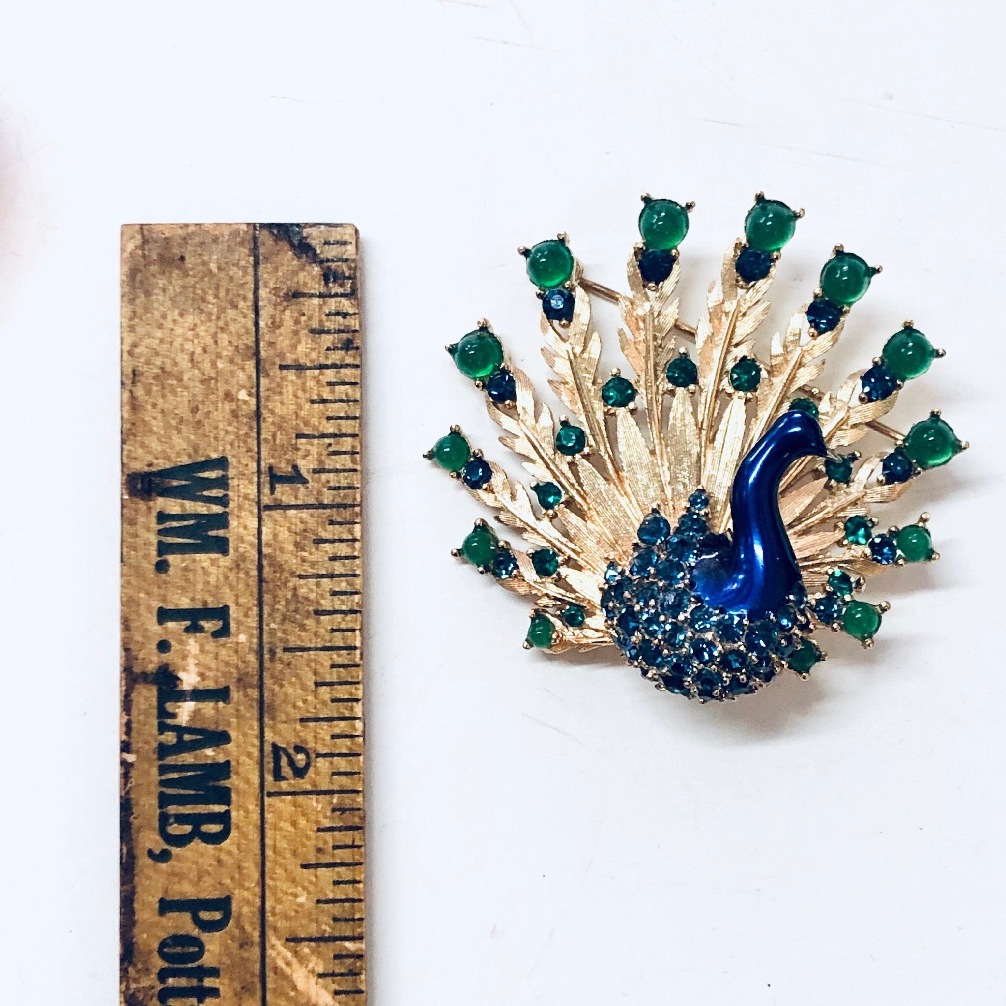 Boucher Peacock Pin, Vintage Brooch, Peacock Brooch, Signed Boucher Pin, Blue Gemstones, Gold Toned Pin, Green Beads, Peacock Jewelry, Bird