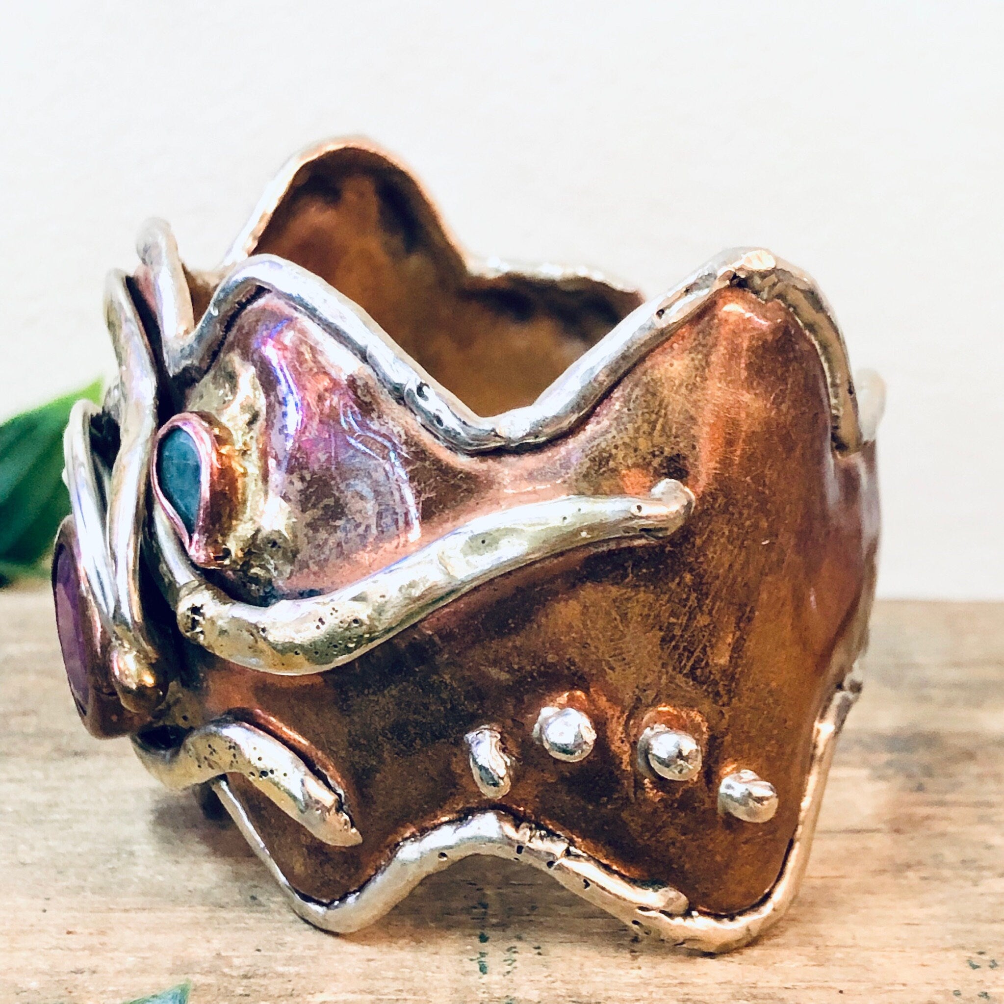 Vintage Bracelet, Cuff Bracelet, Abstract Jewelry, Copper Toned Cuff, Brass Toned Cuff, Pink and Green, Unique Jewelry, Large Bracelet,