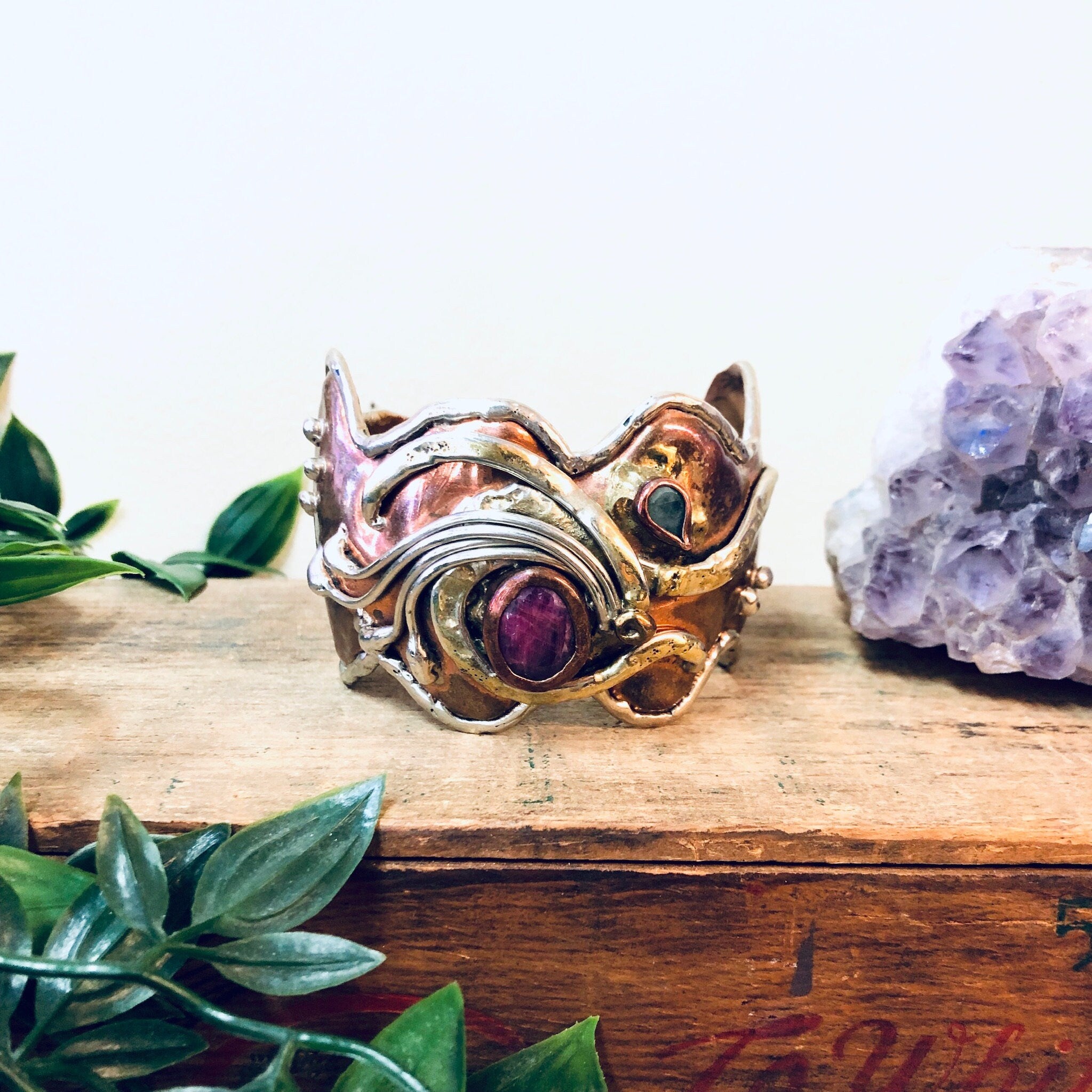 Vintage Bracelet, Cuff Bracelet, Abstract Jewelry, Copper Toned Cuff, Brass Toned Cuff, Pink and Green, Unique Jewelry, Large Bracelet,