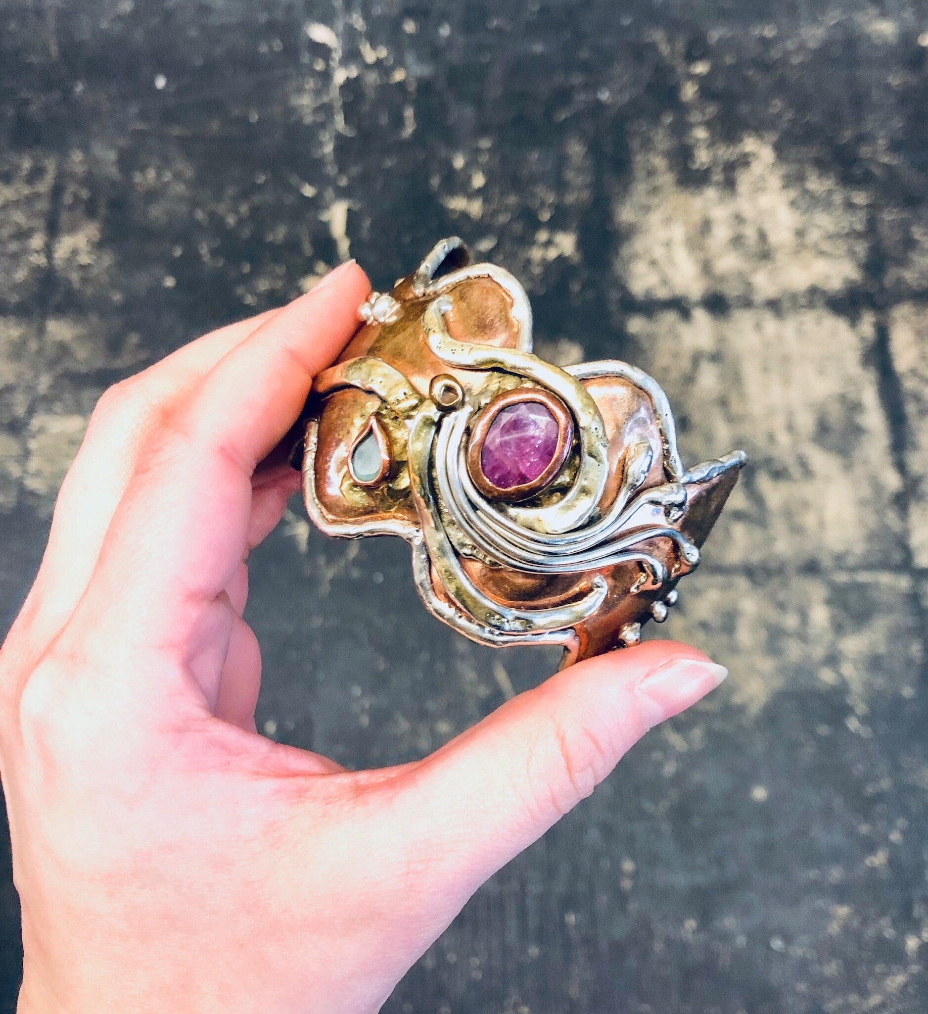 Vintage Bracelet, Cuff Bracelet, Abstract Jewelry, Copper Toned Cuff, Brass Toned Cuff, Pink and Green, Unique Jewelry, Large Bracelet,
