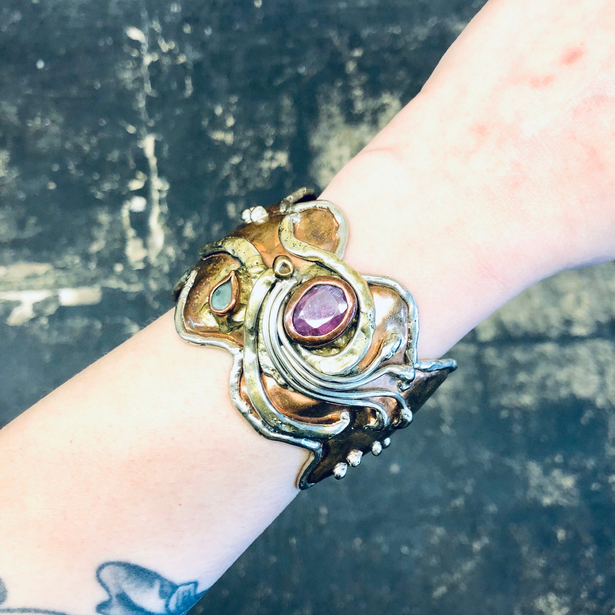 Vintage Bracelet, Cuff Bracelet, Abstract Jewelry, Copper Toned Cuff, Brass Toned Cuff, Pink and Green, Unique Jewelry, Large Bracelet,