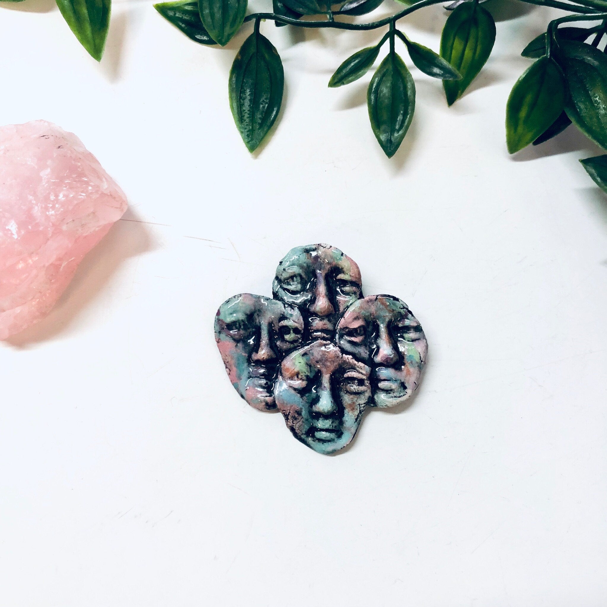 Vintage Brooch, Face Pin, Mask Brooch, Vintage Jewelry, Vintage Pin, Green Brooch, Pink Brooch, Signed Jewelry, Ritter Brooch, Unique Pin