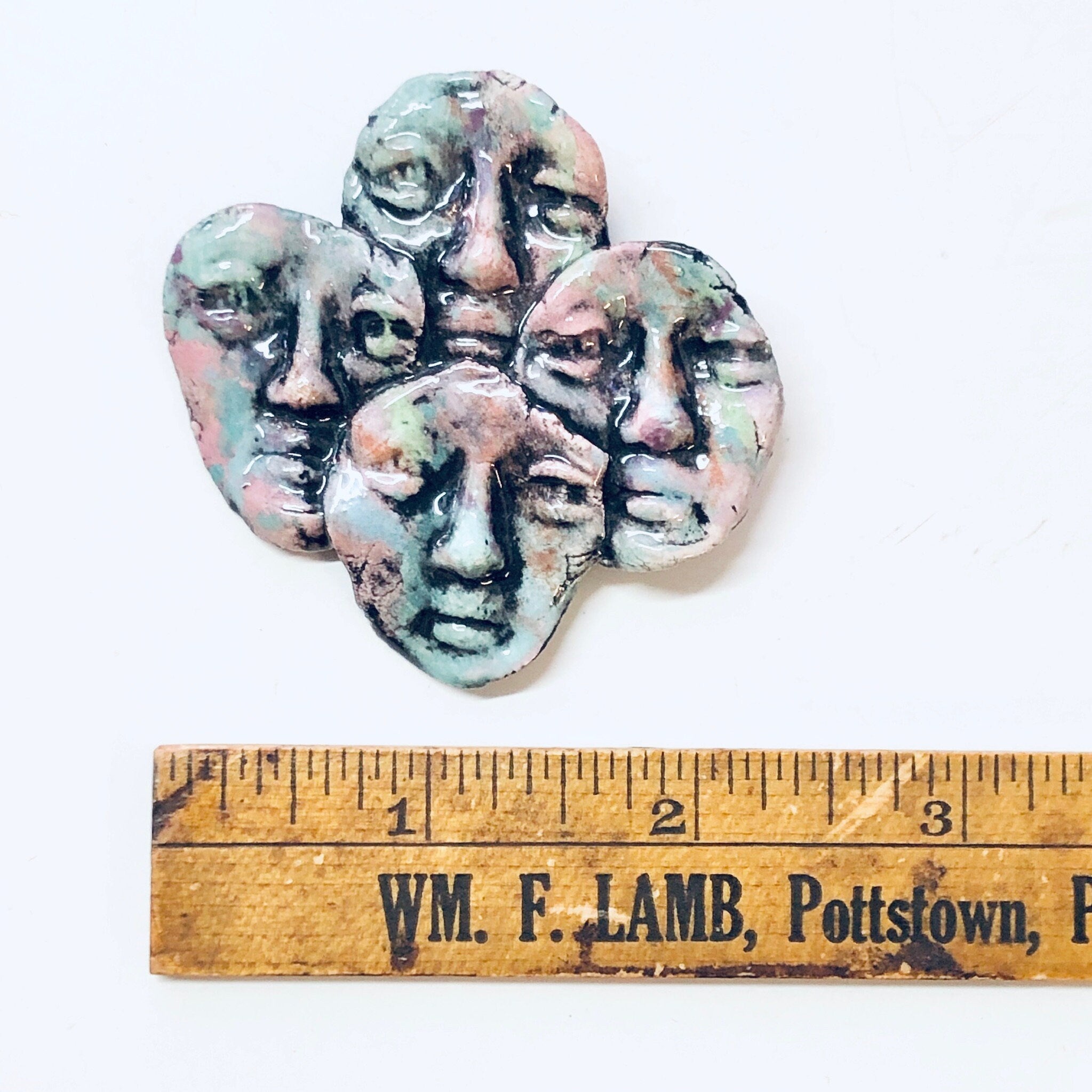 Vintage Brooch, Face Pin, Mask Brooch, Vintage Jewelry, Vintage Pin, Green Brooch, Pink Brooch, Signed Jewelry, Ritter Brooch, Unique Pin