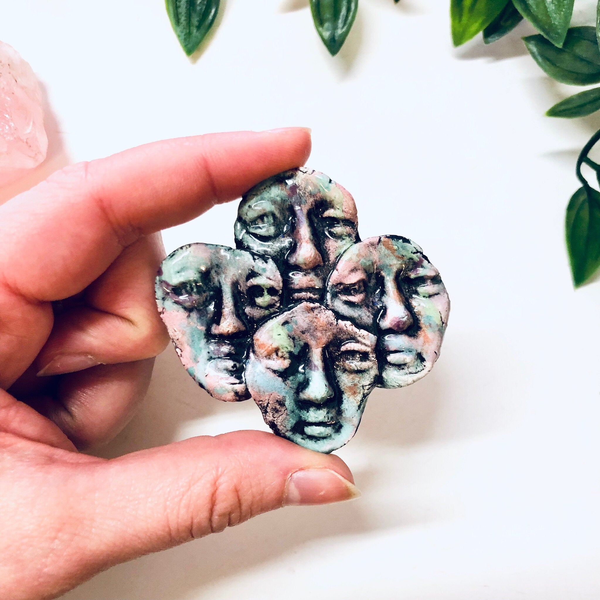 Vintage Brooch, Face Pin, Mask Brooch, Vintage Jewelry, Vintage Pin, Green Brooch, Pink Brooch, Signed Jewelry, Ritter Brooch, Unique Pin