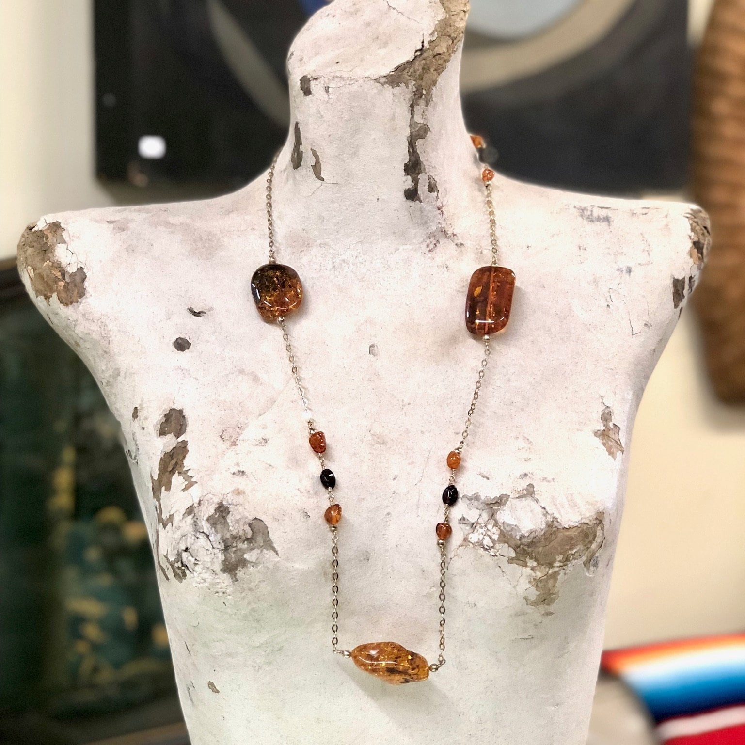 Vintage Necklace, Long Necklace, Amber Jewelry, Gold Plated Silver, Silver Chain, Long Chain, Vintage Jewelry, Unique Jewelry, Amber Beads