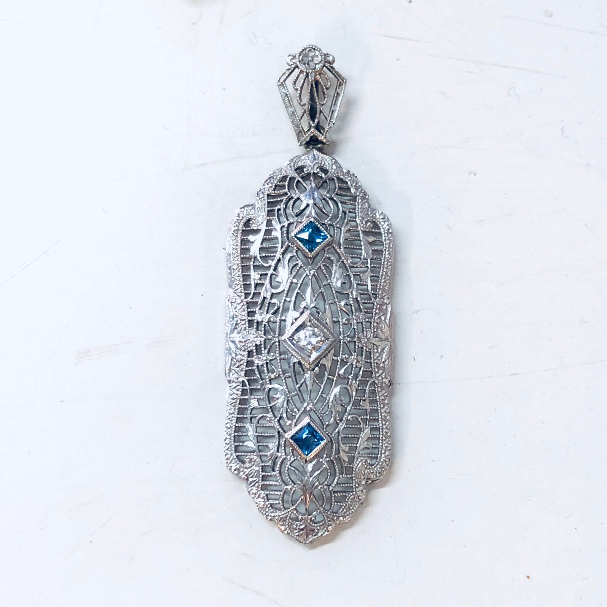 Vintage Gold Pendant, 14K White Gold, 14 Karat Gold, Diamond Pendant, Blue Topaz, Aquamarine Jewelry, Vintage Jewelry, Art Deco Pendant