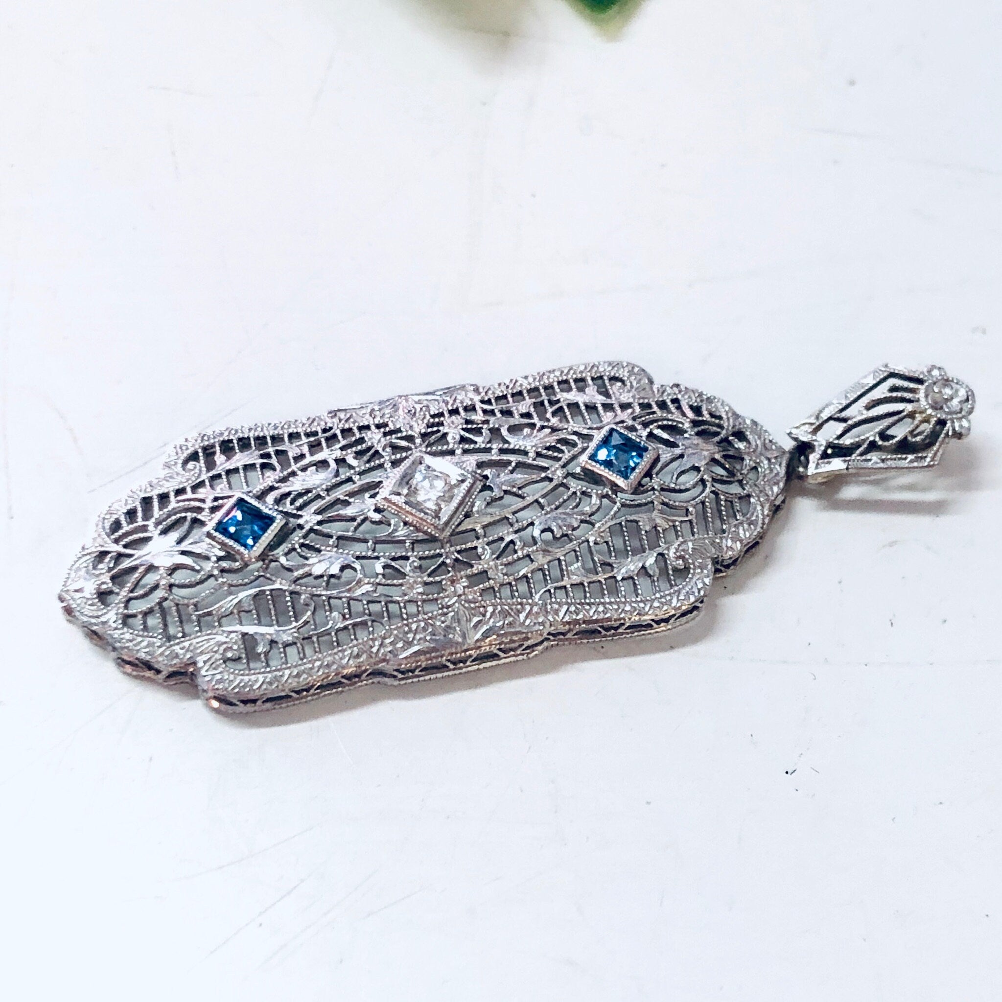 Vintage Gold Pendant, 14K White Gold, 14 Karat Gold, Diamond Pendant, Blue Topaz, Aquamarine Jewelry, Vintage Jewelry, Art Deco Pendant
