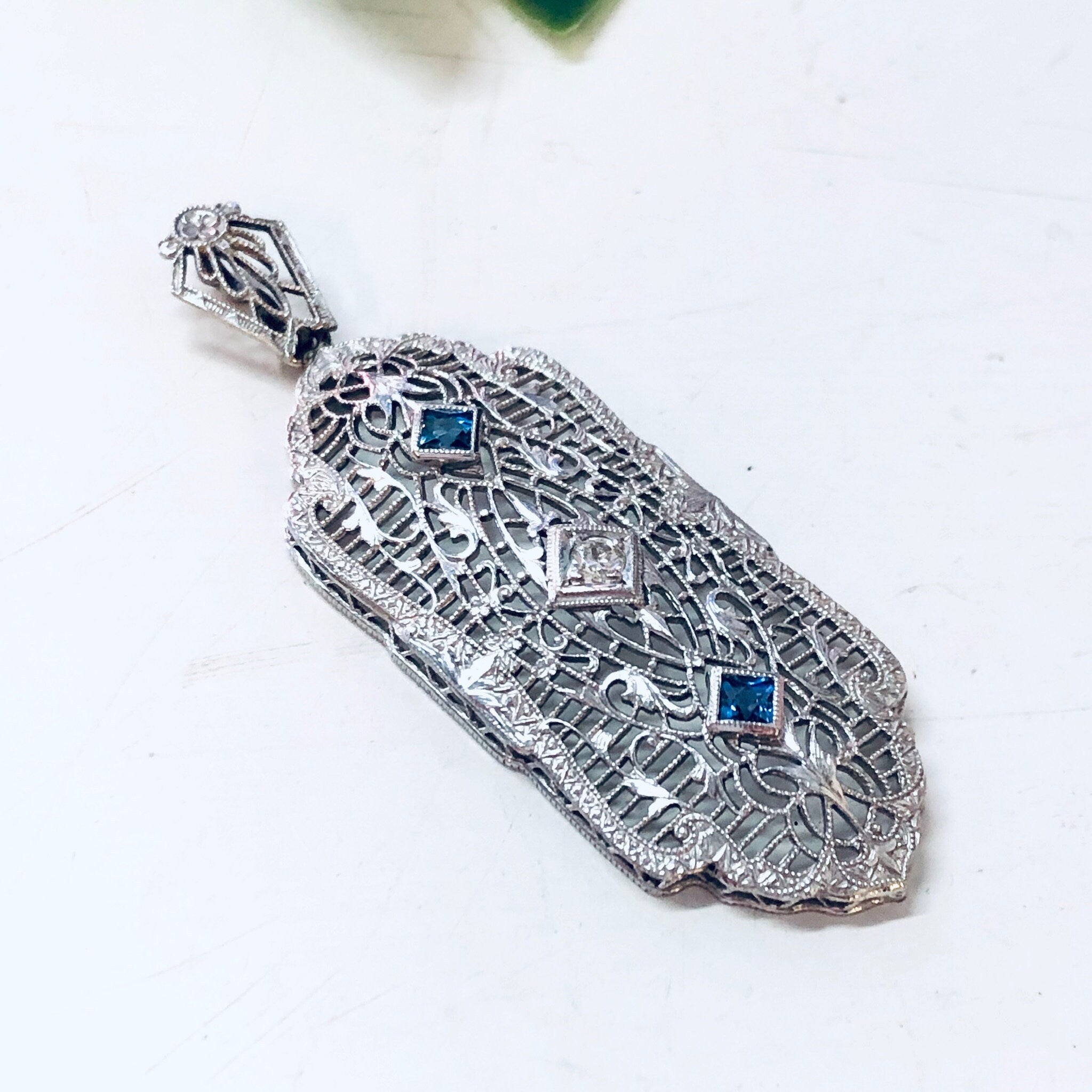 Vintage Gold Pendant, 14K White Gold, 14 Karat Gold, Diamond Pendant, Blue Topaz, Aquamarine Jewelry, Vintage Jewelry, Art Deco Pendant