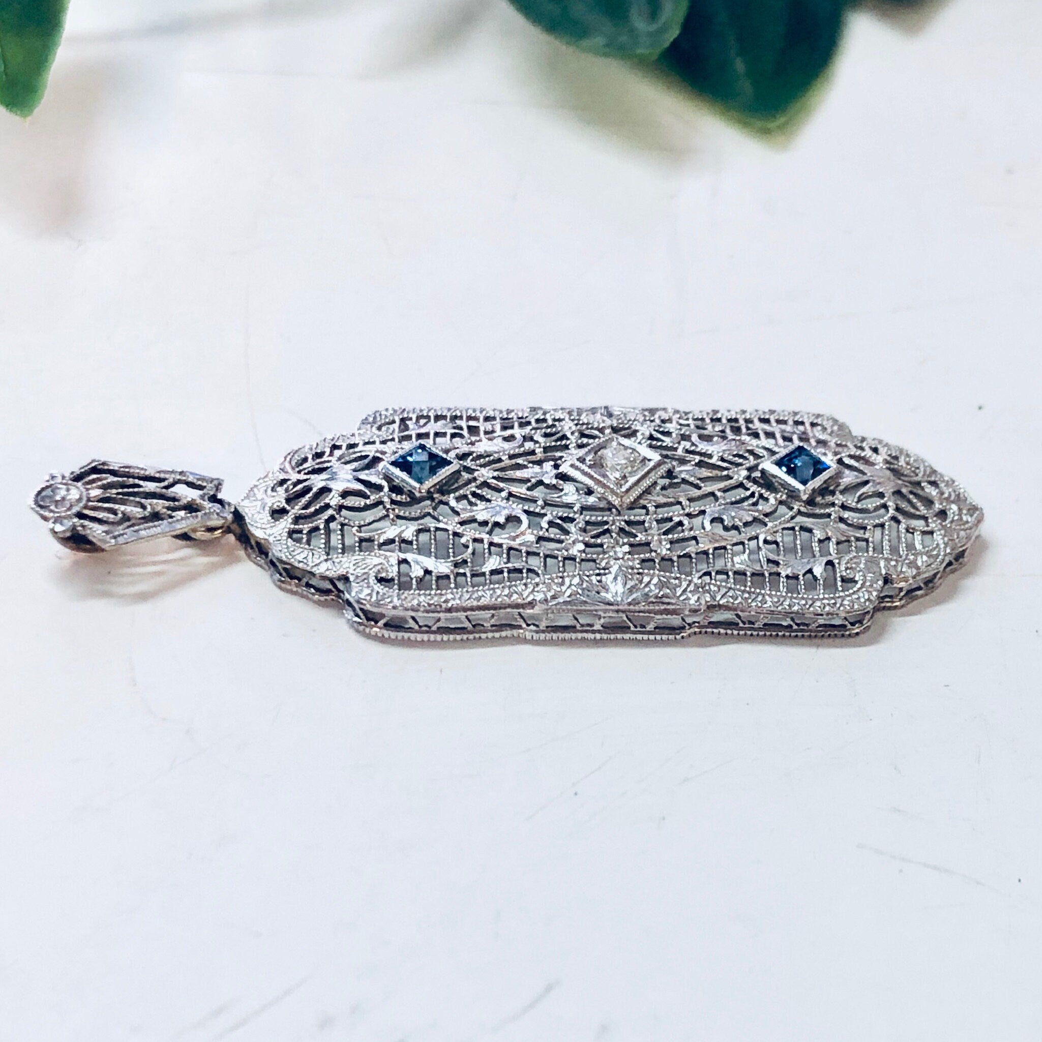 Vintage Gold Pendant, 14K White Gold, 14 Karat Gold, Diamond Pendant, Blue Topaz, Aquamarine Jewelry, Vintage Jewelry, Art Deco Pendant