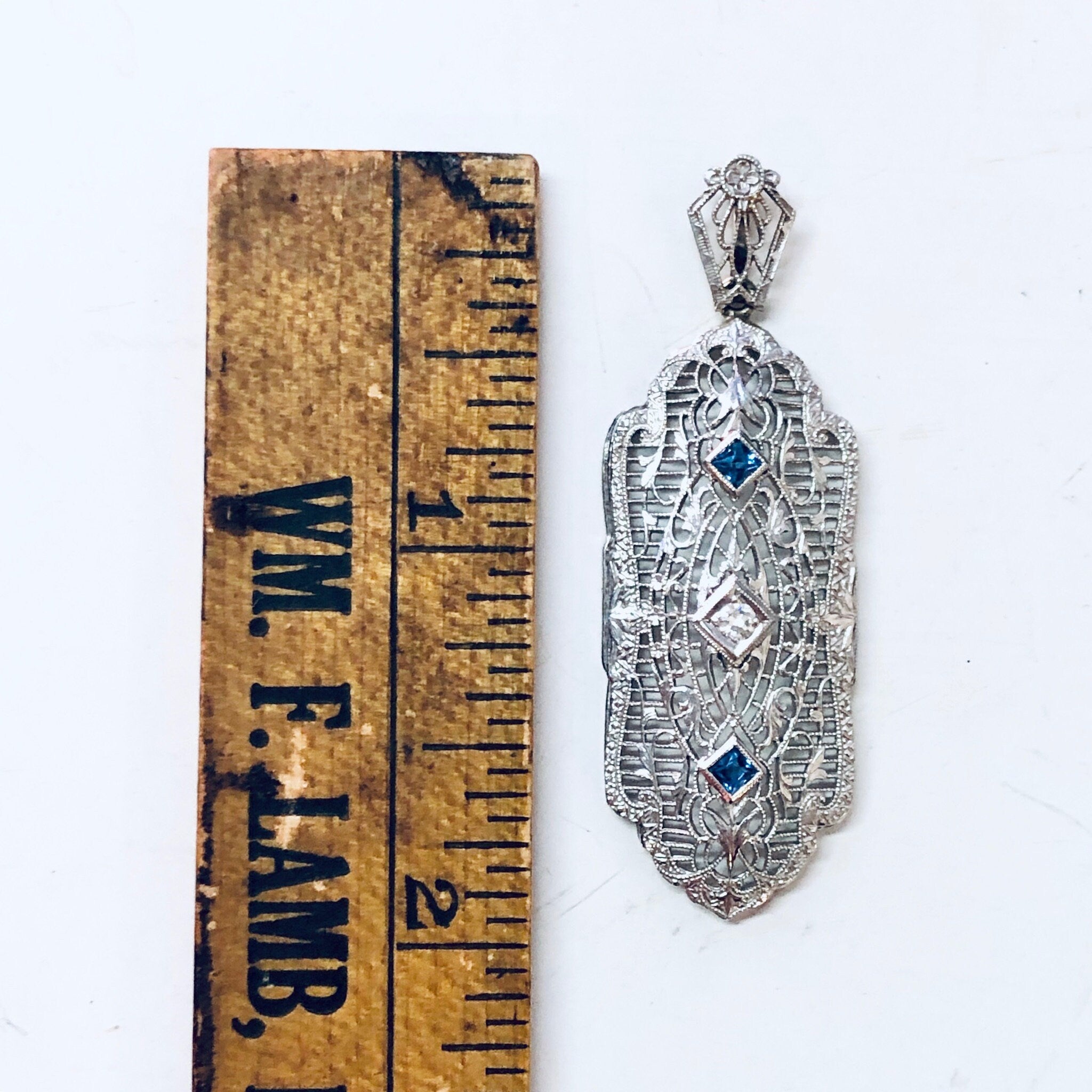 Vintage Gold Pendant, 14K White Gold, 14 Karat Gold, Diamond Pendant, Blue Topaz, Aquamarine Jewelry, Vintage Jewelry, Art Deco Pendant