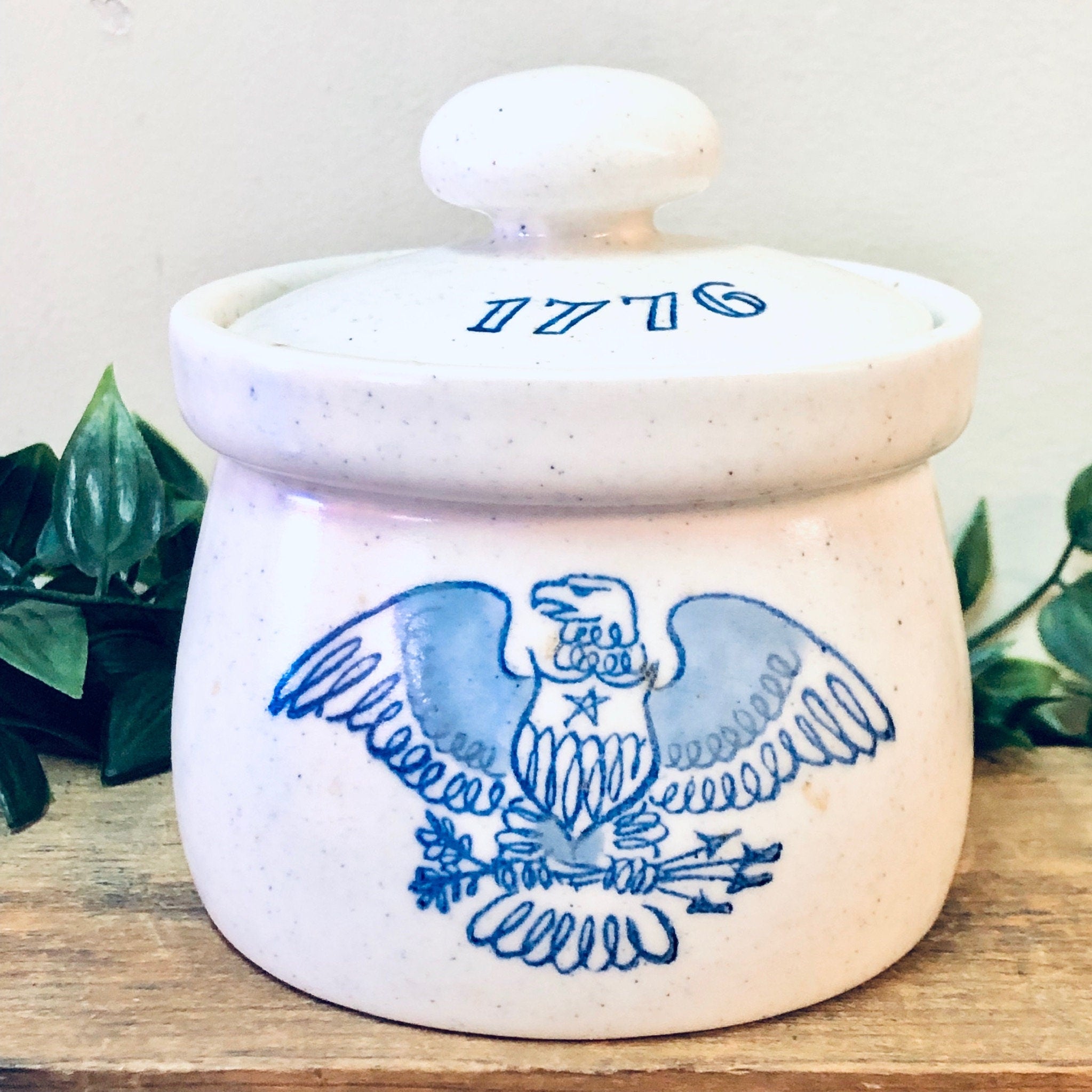 Vintage Container, Lidded Container, 1776 Jar, White and blue, Eagle Jar, Mini Crock, Lidded Crock, Vintage Home Decor, Vintage Pottery