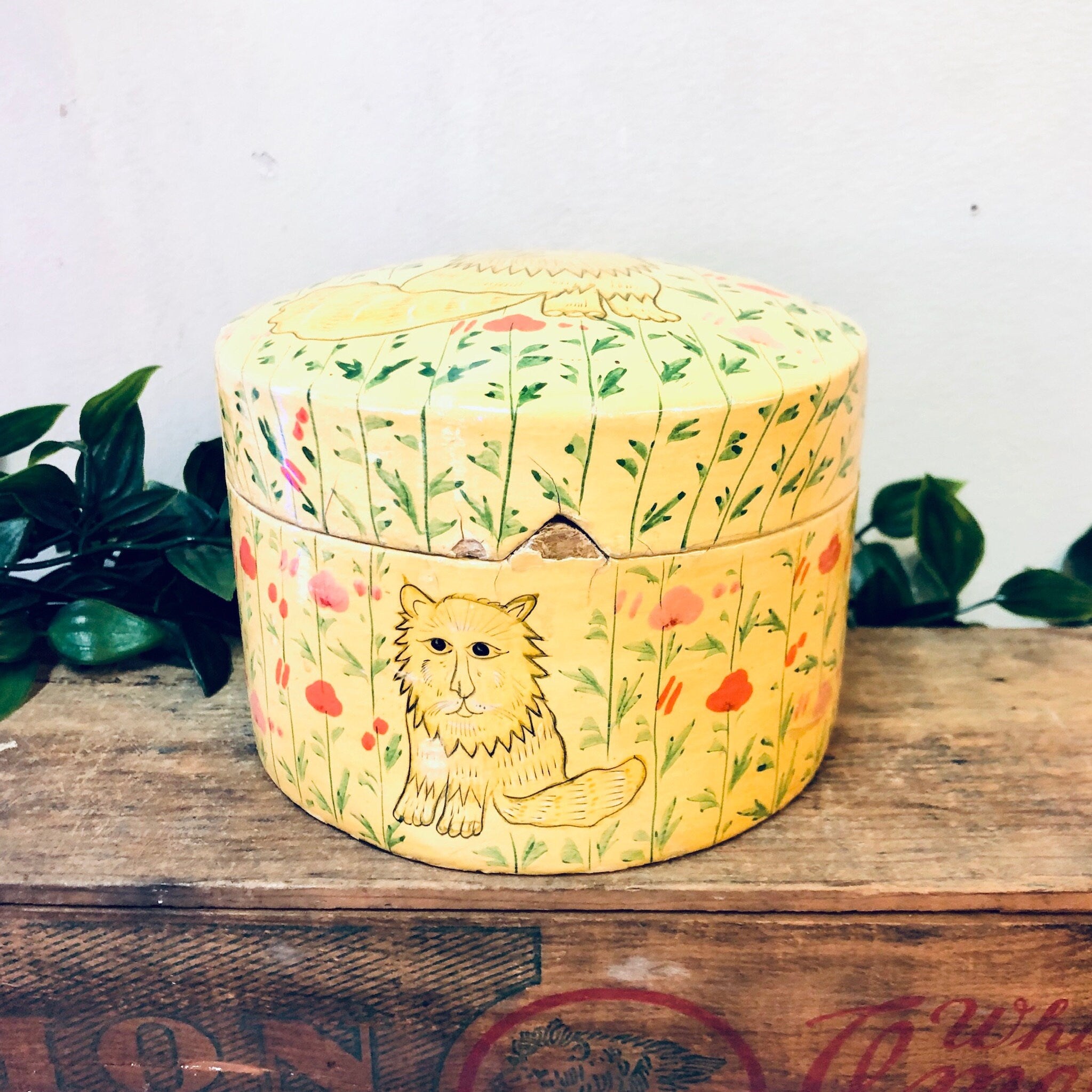 Vintage Box, Lidded Container, Unique Container, Lion Container, Yellow Decor, yellow Box, Flower Box, Lion Box, Cartoon Lion, Green, Red