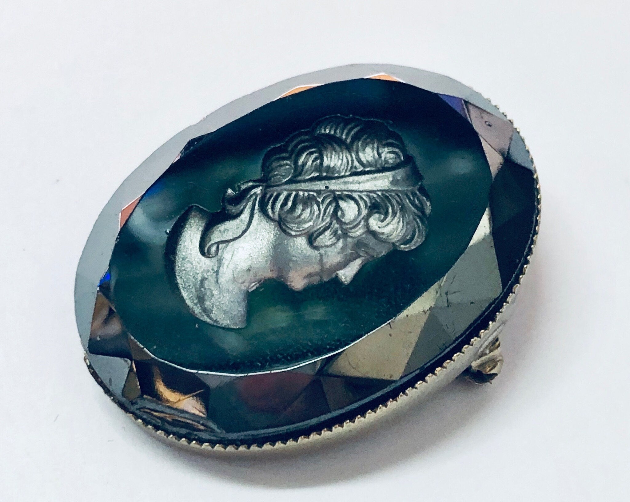 Vintage Cameo, Black Cameo, Unique Cameo, Cameo Brooch, Vintage Brooch, Vintage Pin, Silver and Black, Silver Toned Cameo, Etched Cameo,