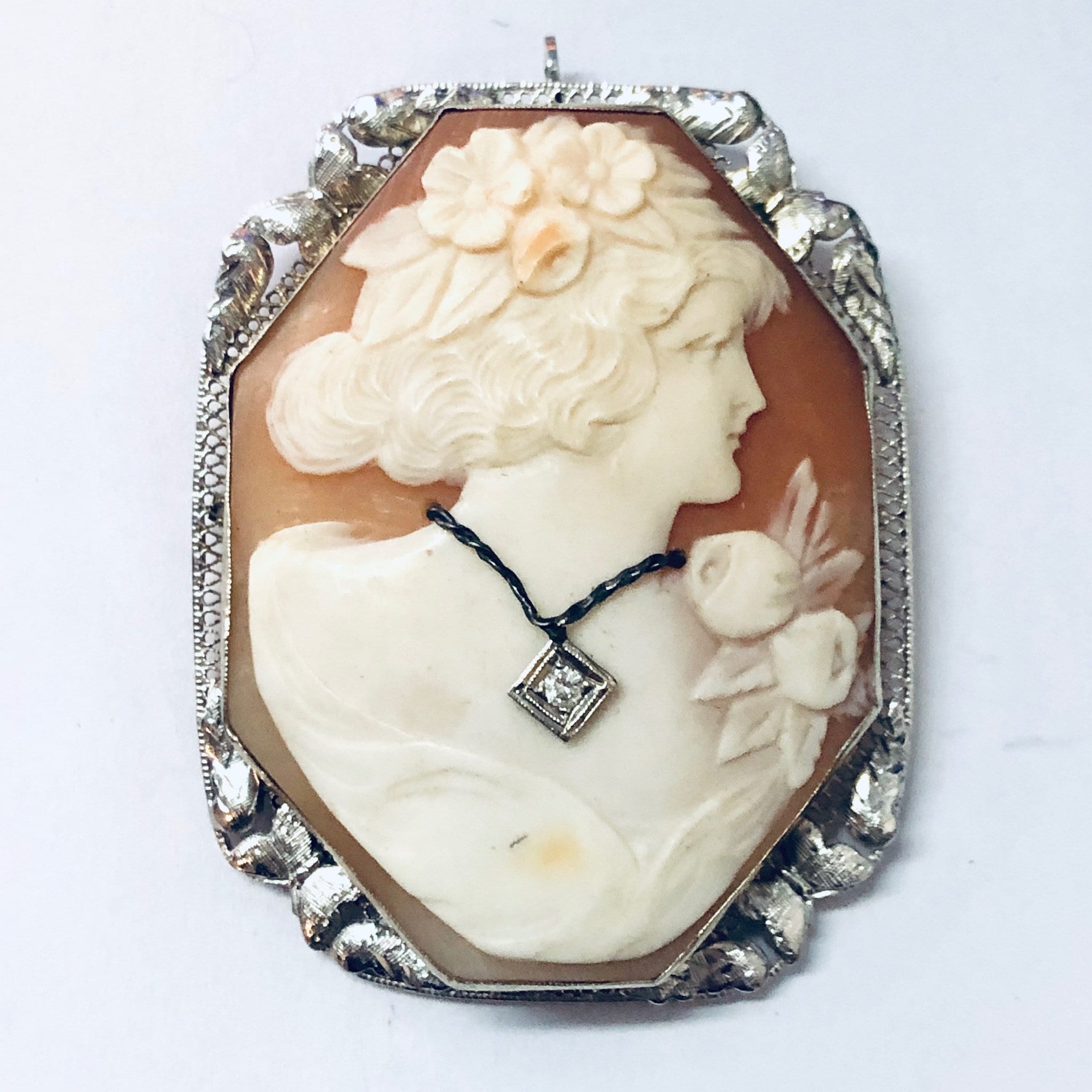 Vintage Cameo, Cameo Brooch, Cameo Pendant, 14K Gold Cameo, White Gold, 14 Karat Gold, Large Cameo, Vintage Jewelry, Victorian Brooch, Lady