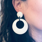 Vintage Earrings, Plastic Earrings, Costume Jewelry, Large Earrings, Dangle Earrings, Pierced Ears, White and Black, Minimalist, 70s Jewelry