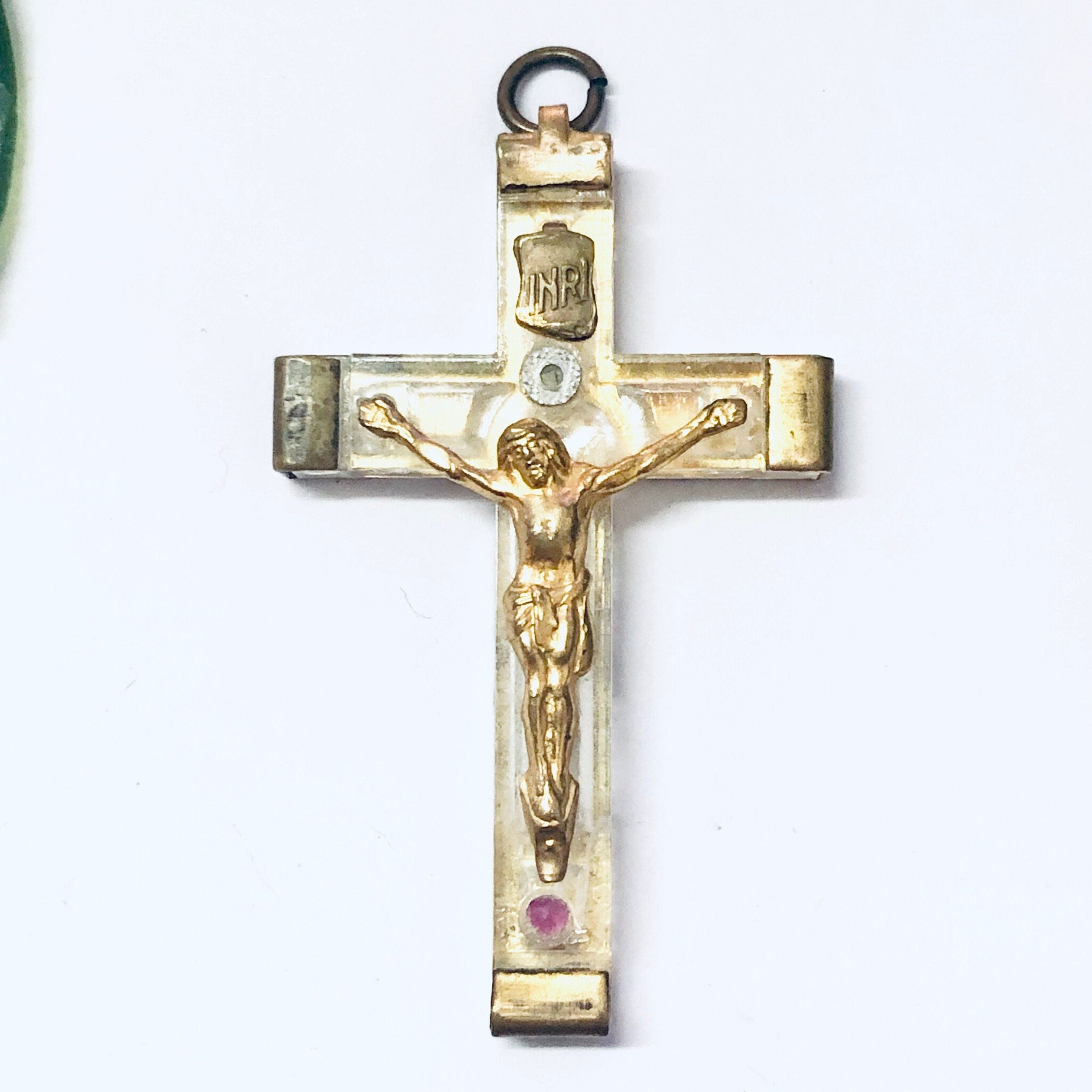 Cross Pendant, Religious Jewelry, Vintage Jewelry, Crucifix Pendant, Gold Toned Pendant, Clear Cross, Vintage Necklace, Religious Pendant