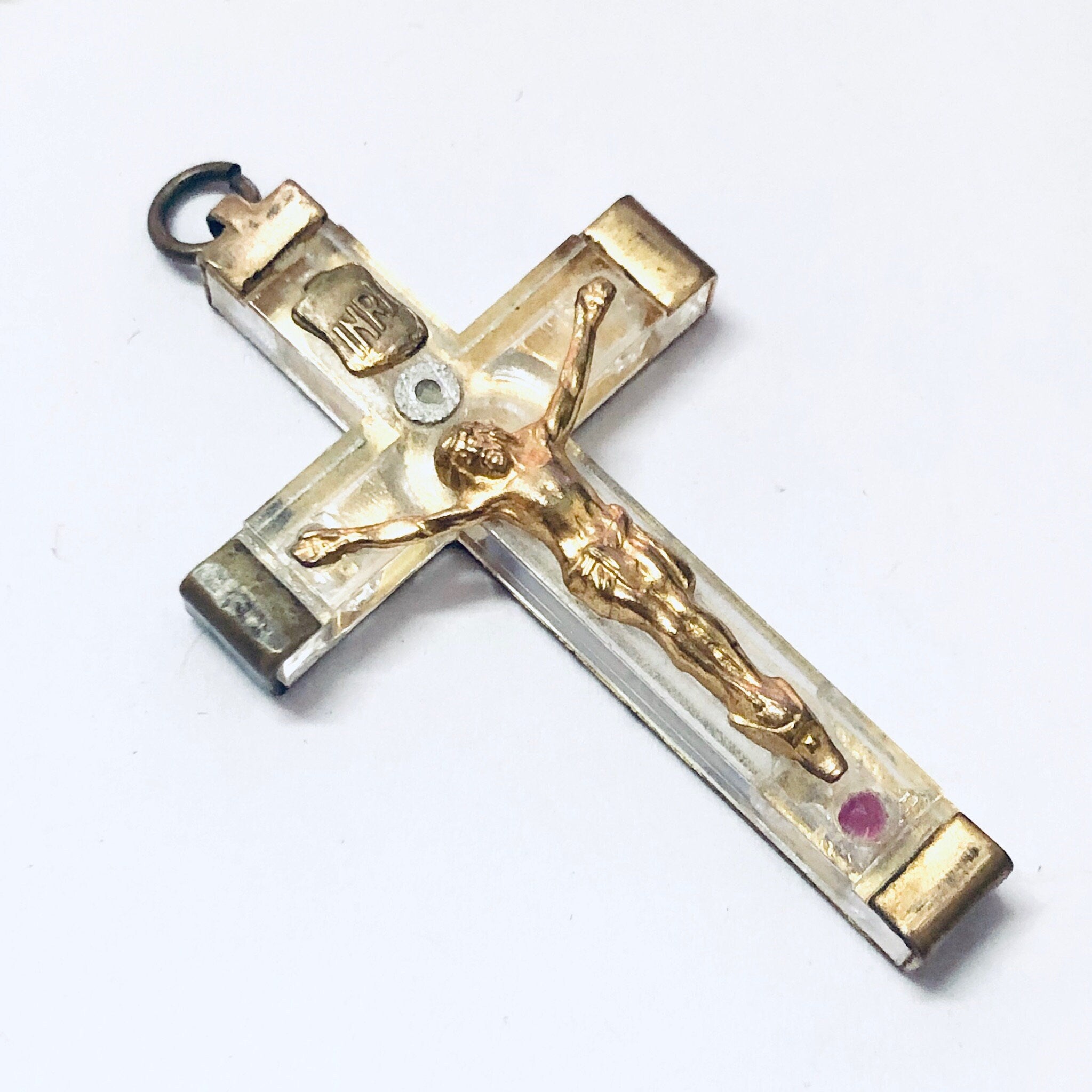 Cross Pendant, Religious Jewelry, Vintage Jewelry, Crucifix Pendant, Gold Toned Pendant, Clear Cross, Vintage Necklace, Religious Pendant