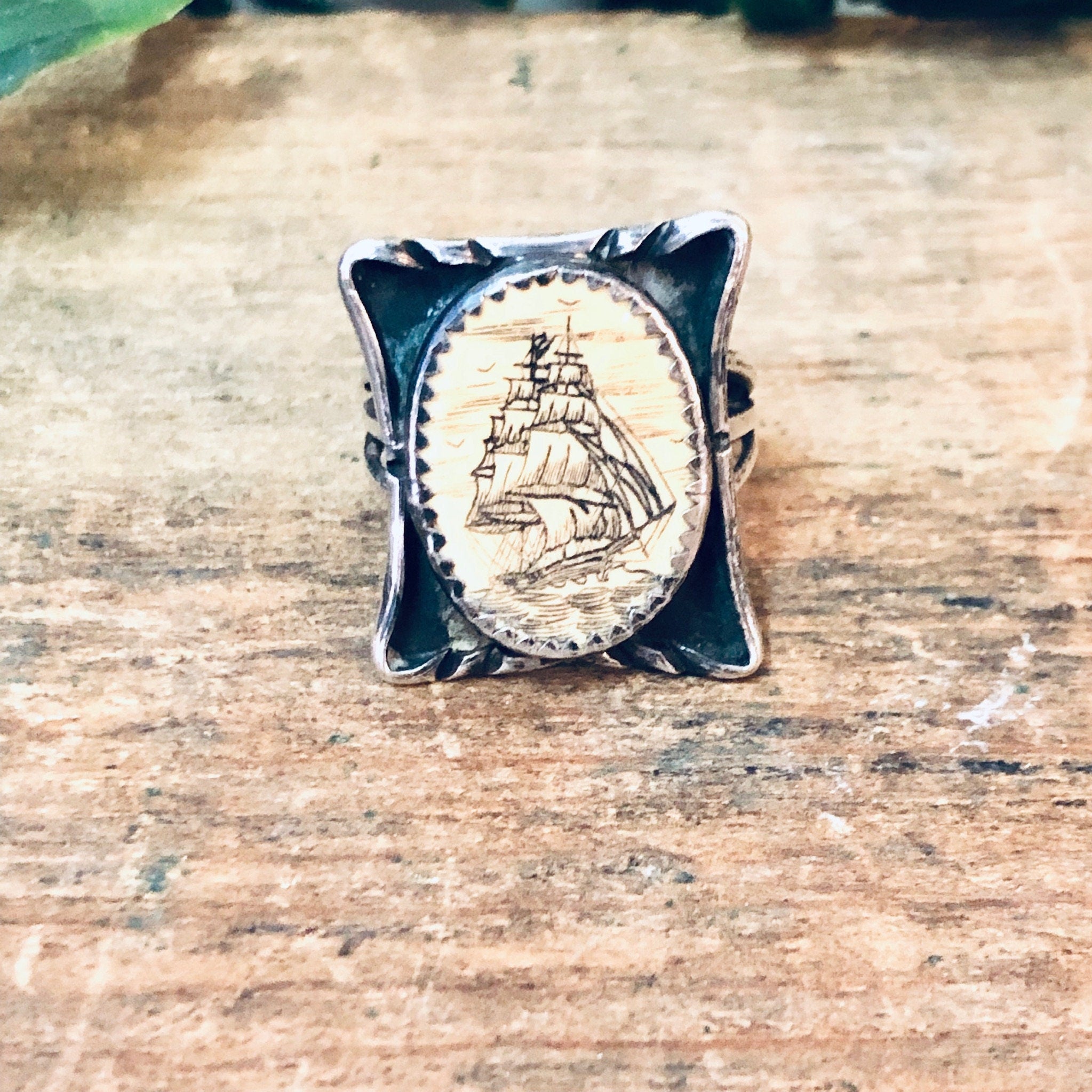 Scrimshaw Ring, Vintage Ring, silver Ring, Sailboat Ring, Boat Jewelry, Sailor Jewelry, Vintage Jewelry, Unique Ring, Rectangle Ring, Boats