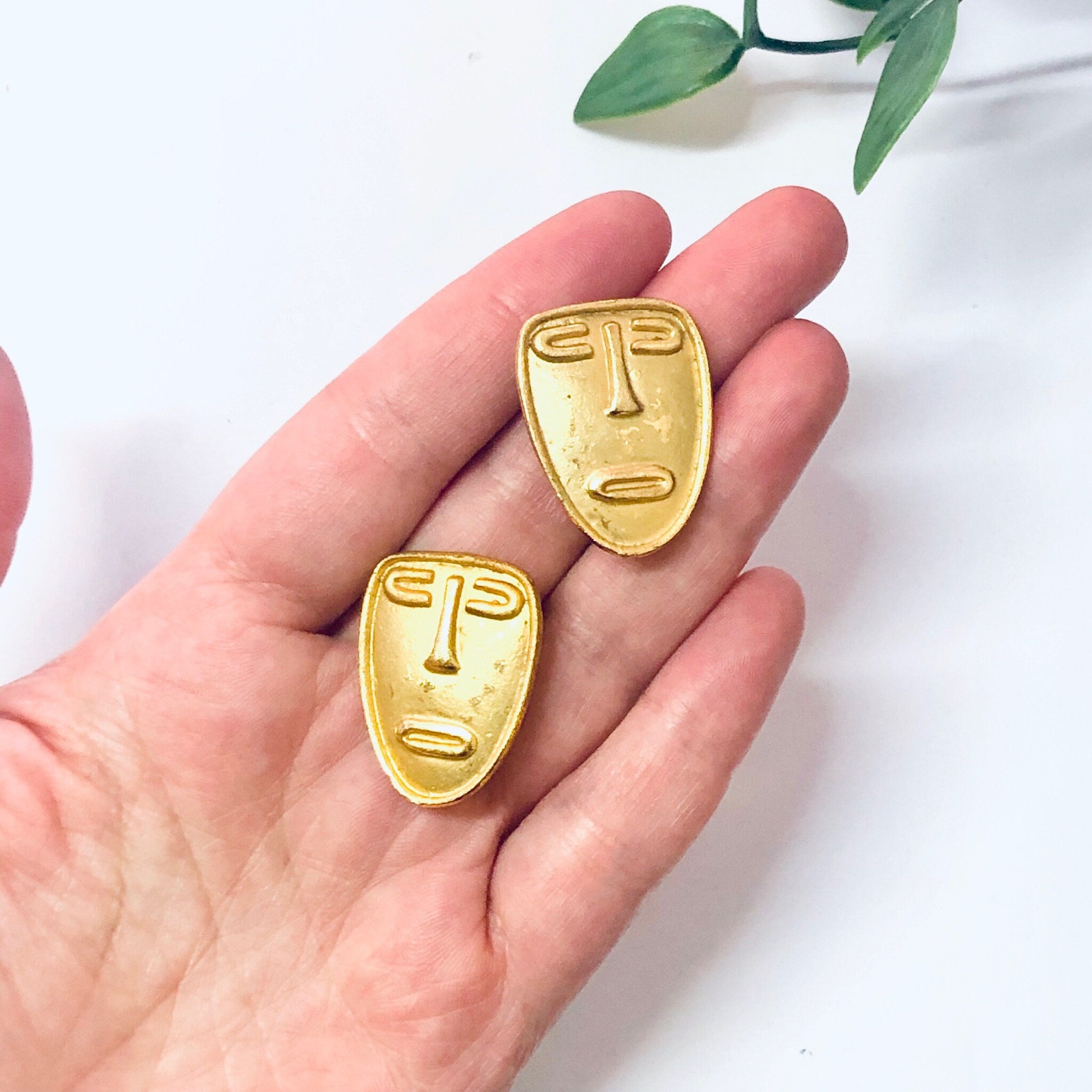 Vintage Earrings, Clip On Earrings, Face Earrings, Mask Jewelry, Abstract Jewelry, Unique Jewelry, Vintage Jewelry, Gold Toned Earrings