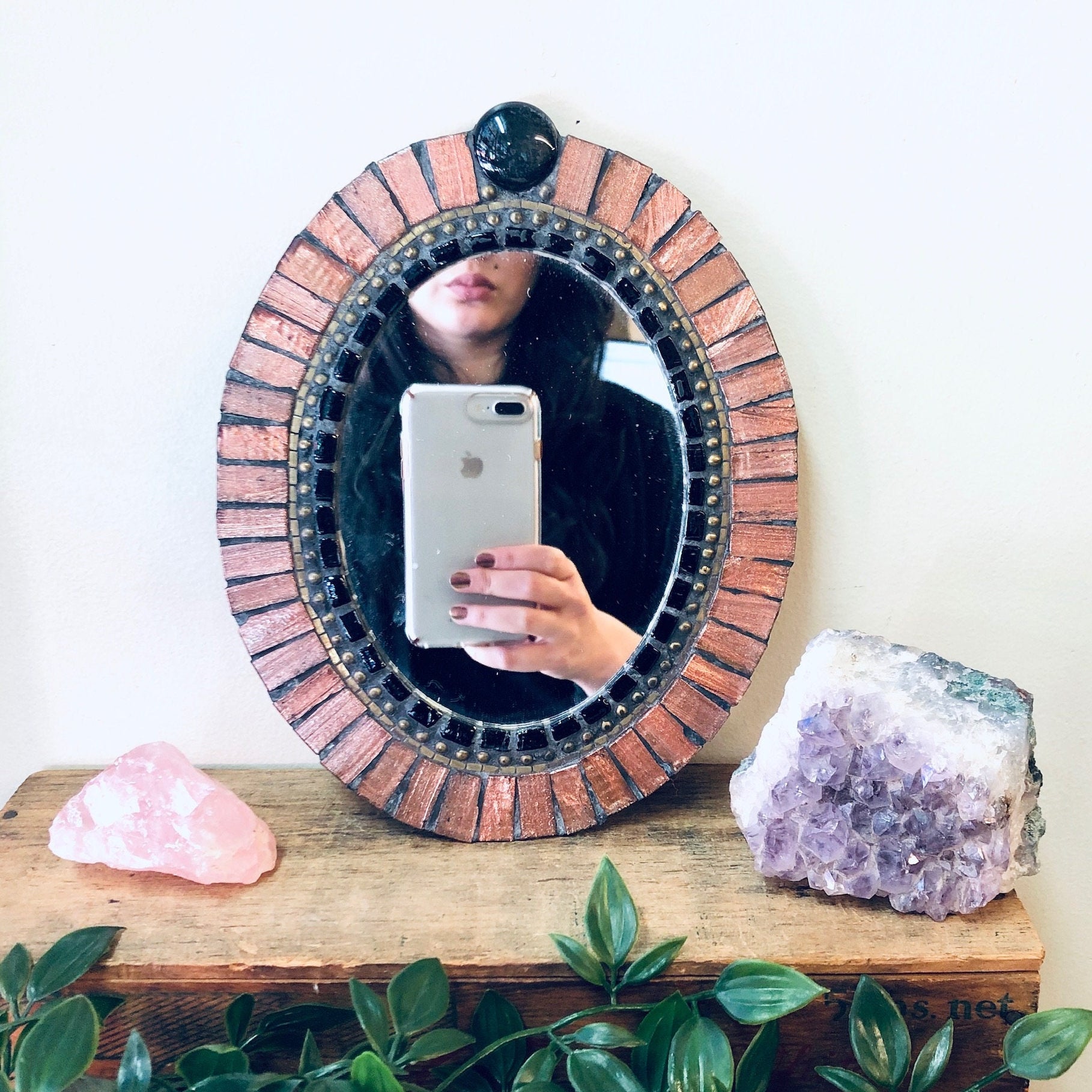 Vintage Mirror, Small Mirror, Vintage Home Decor, Wall Decor, Mosaic Mirror, Copper Toned Tile, Tile Mirror, Copper and Black, Wall Hanging